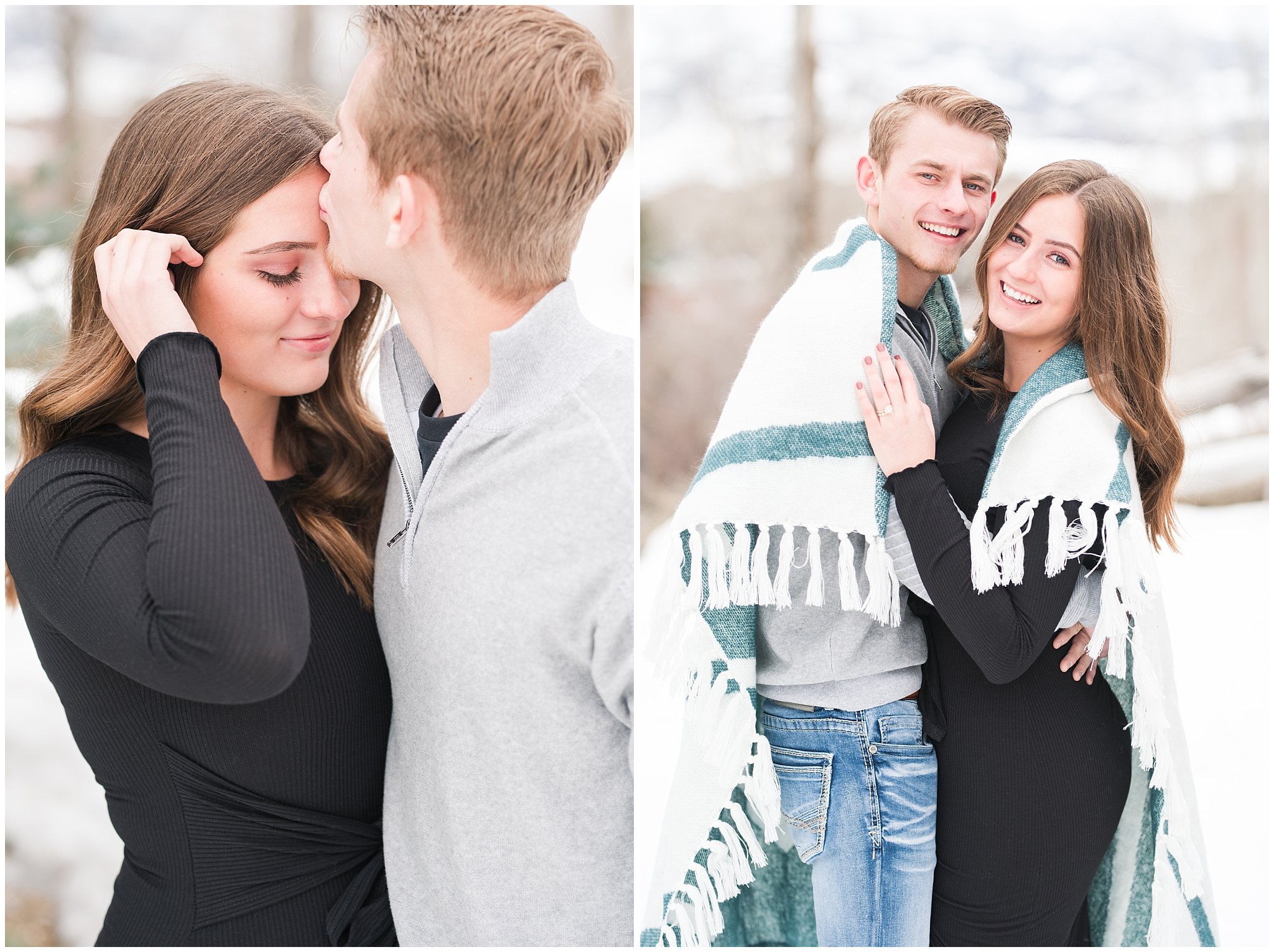 Couple dressed in black dress, grey sweater, and blanket in the snowy Utah mountains | Mountain Green Winter Engagement | Jessie and Dallin Photography
