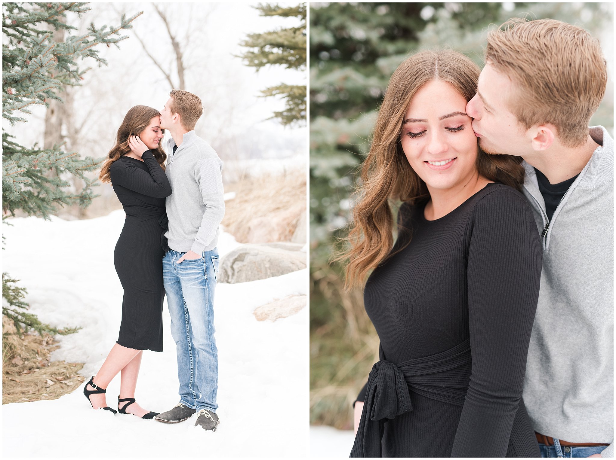 Couple dressed in black dress and grey sweater for engagements in the snowy Utah mountains | Mountain Green Winter Engagement | Jessie and Dallin Photography