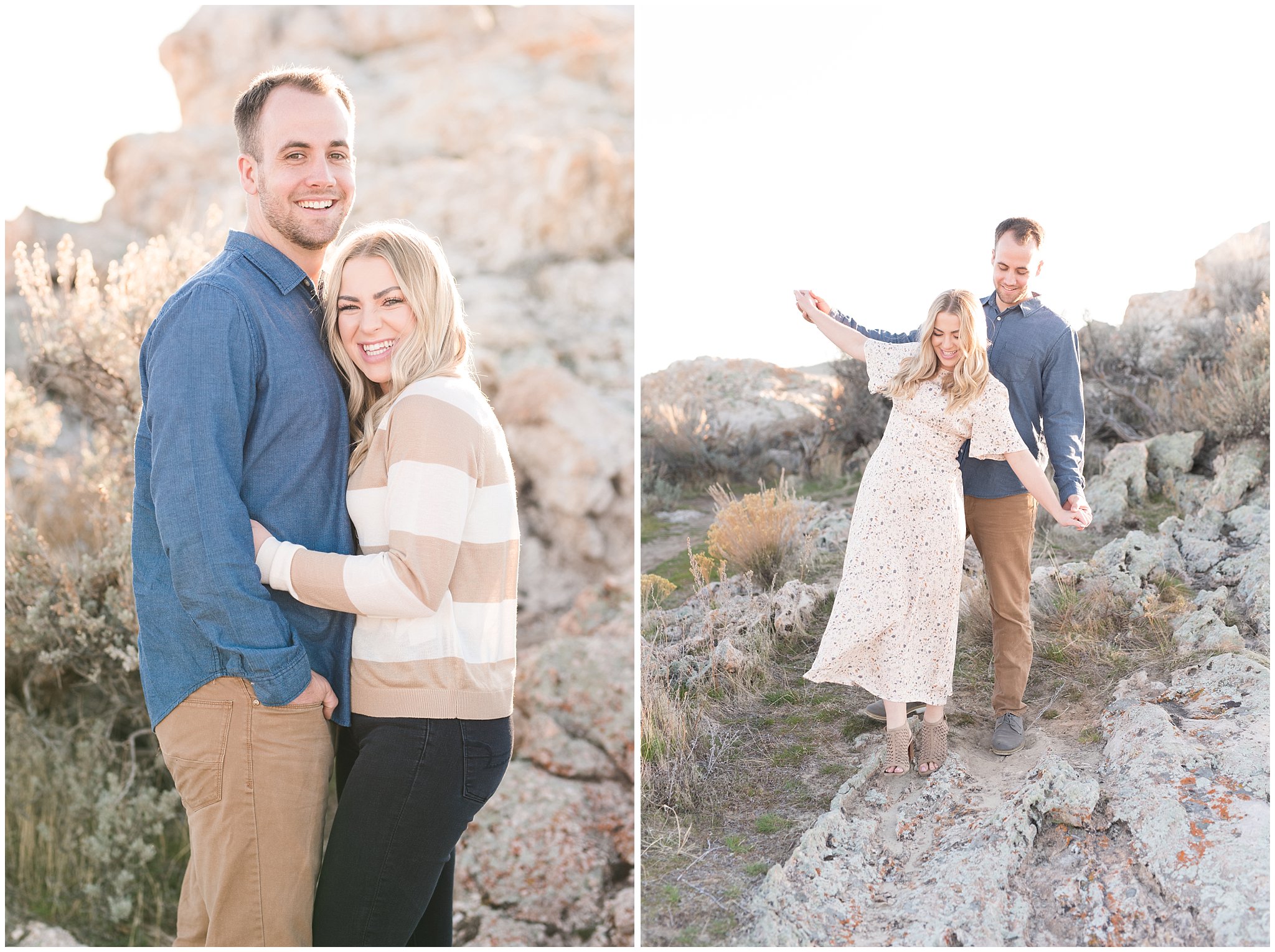 Couple in white dress with shape pattern and navy blue shirt with camel pants in a rocky desert landscape for engagements | Antelope Island Spring Engagement | Jessie and Dallin Photography
