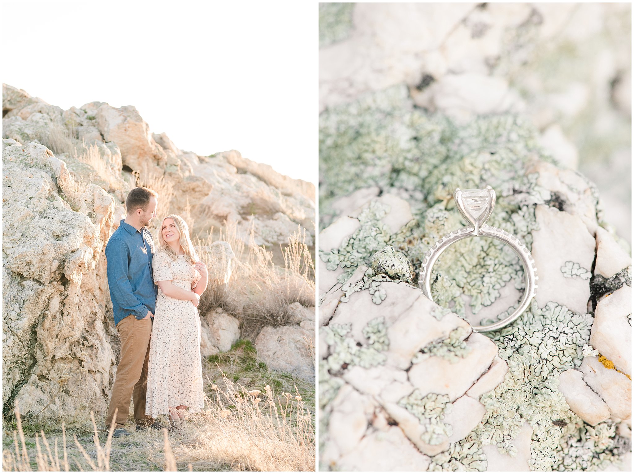 Couple in white dress with shape pattern and navy blue shirt with camel pants in a rocky desert landscape for engagements | Antelope Island Spring Engagement | Jessie and Dallin Photography
