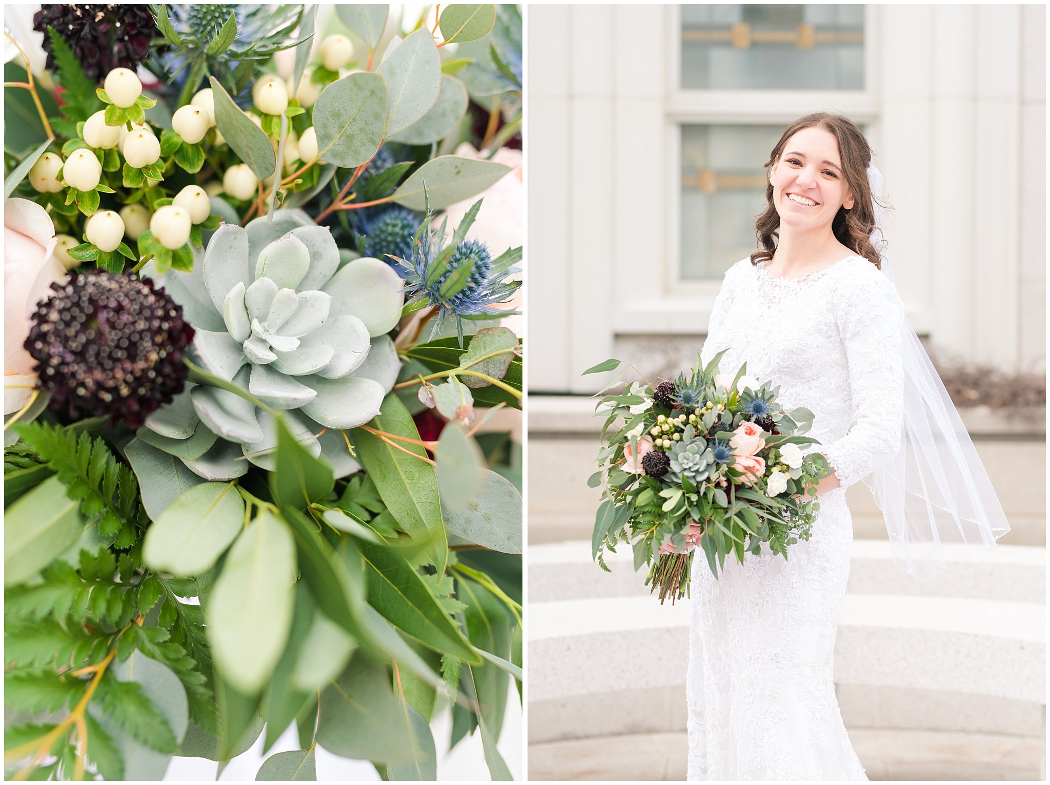 Bridal portrait at the Bountiful temple with burgundy, white and succulent bouquet | Bountiful Temple Wedding and Joseph Smith Memorial Reception | Jessie and Dallin Photography