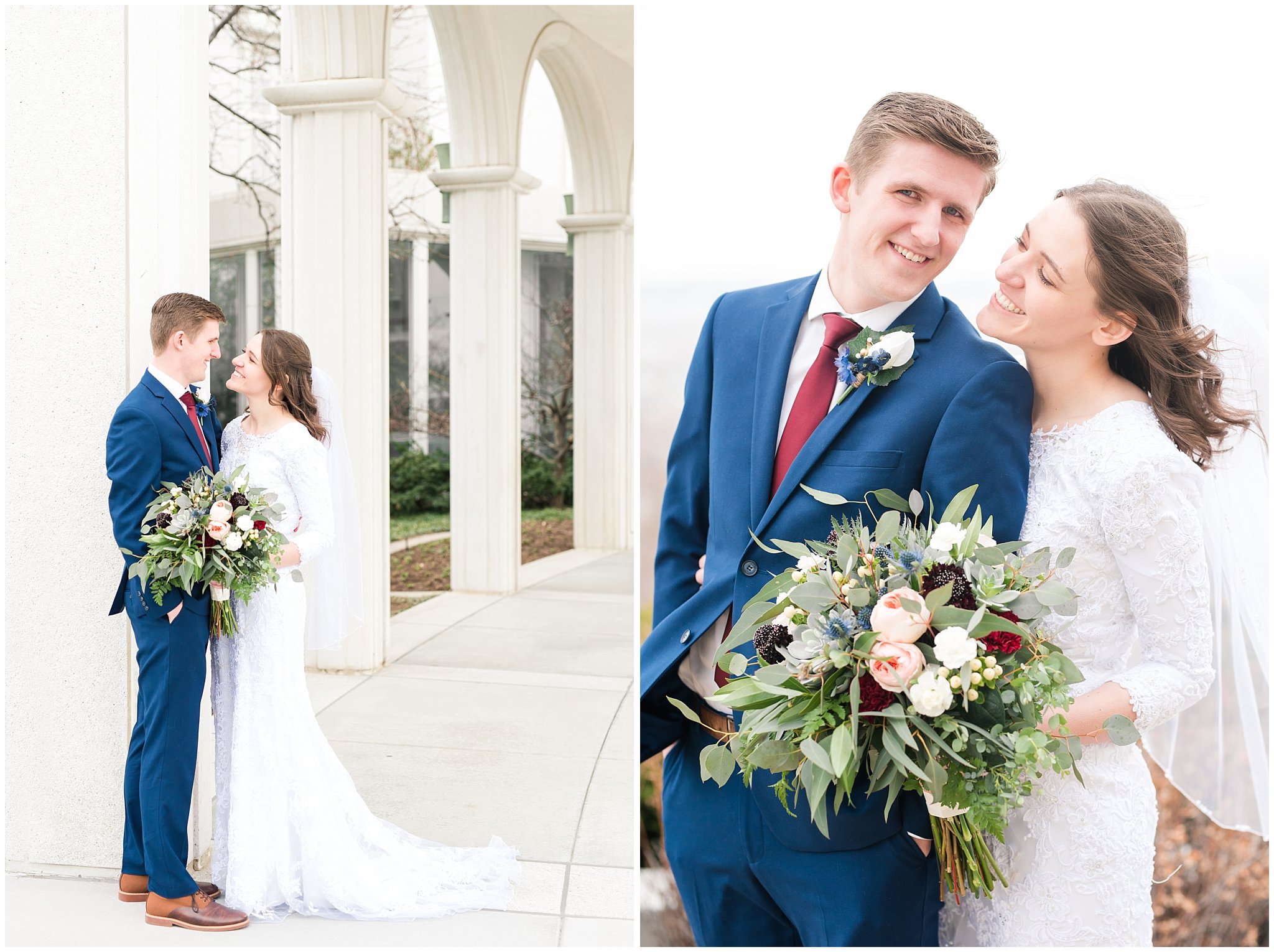 Bride and groom portraits with blue suit and burgundy, white and succulent bouquet | Bountiful Temple Wedding and Joseph Smith Memorial Reception | Jessie and Dallin Photography