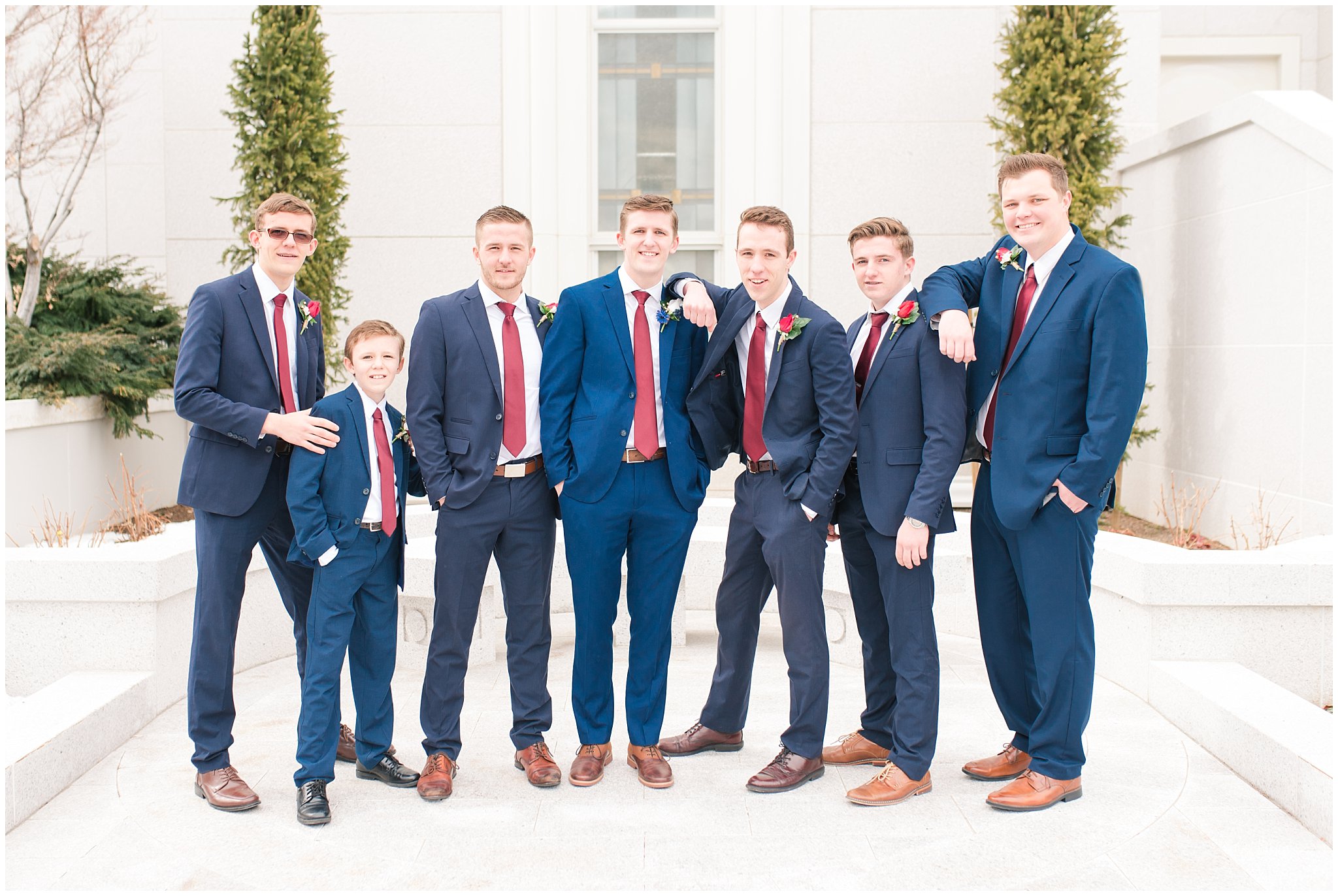 Bridal party portraits at winter wedding | navy and burgundy colors | Bountiful Temple Wedding and Joseph Smith Memorial Reception | Jessie and Dallin Photography