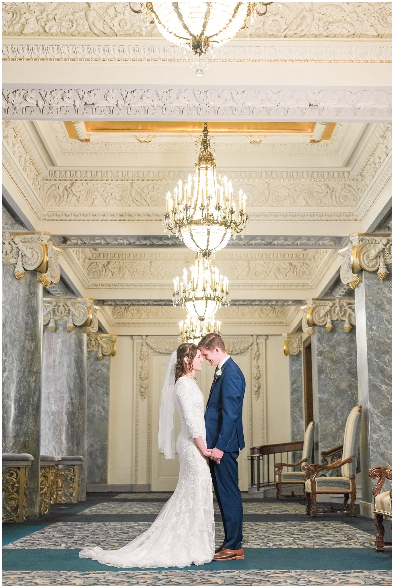 Bride and groom portraits at Joseph Smith Memorial Building | navy and burgundy colors | Bountiful Temple Wedding and Joseph Smith Memorial Reception | Jessie and Dallin Photography