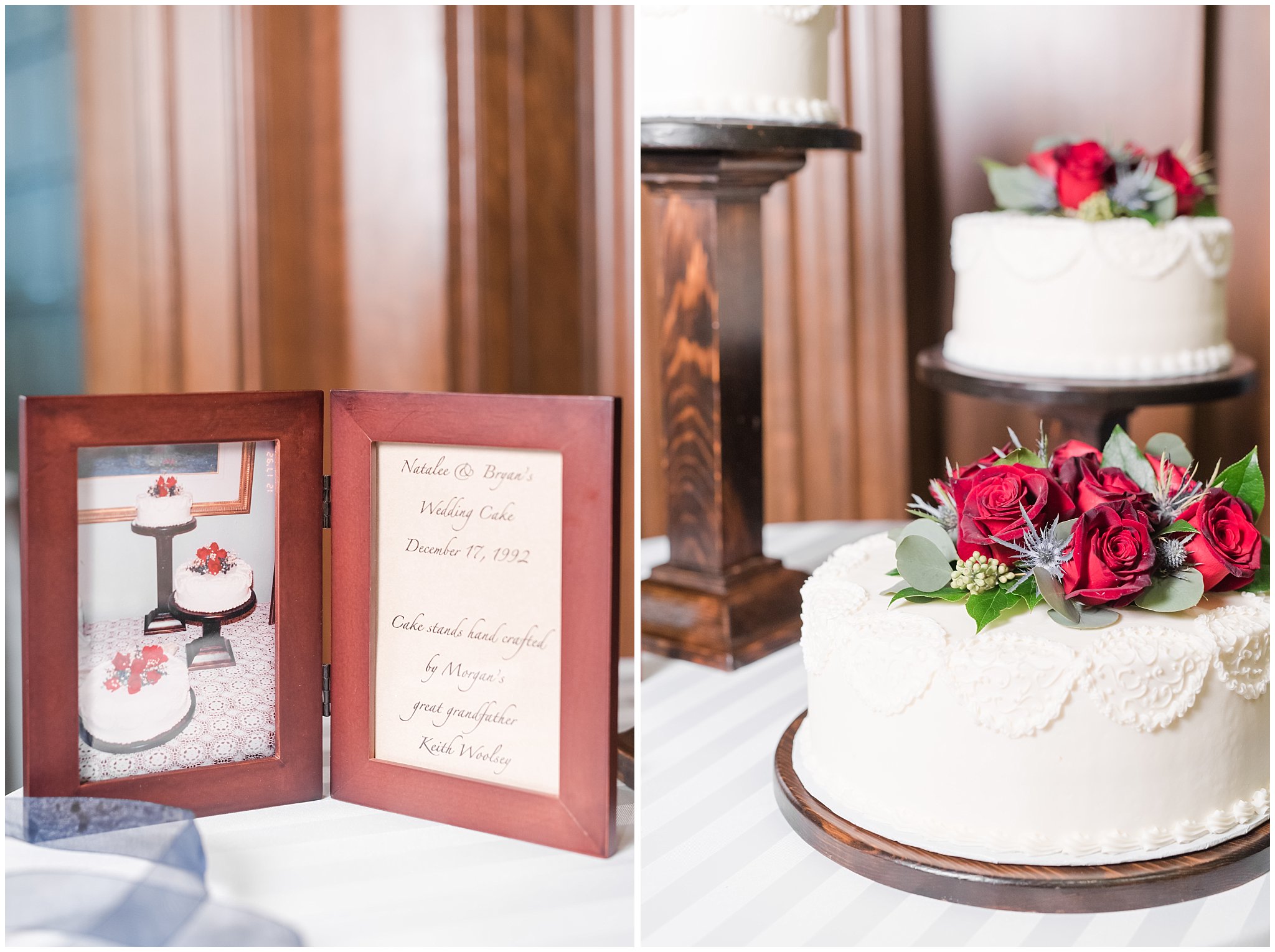 Vintage wedding cake with three tiers at Joseph Smith Memorial Building | navy and burgundy colors | Bountiful Temple Wedding and Joseph Smith Memorial Reception | Jessie and Dallin Photography
