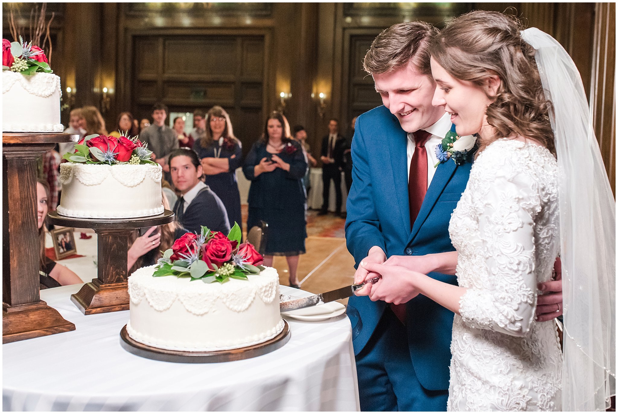 Vintage wedding cake with three tiers at Joseph Smith Memorial Building | navy and burgundy colors | Bountiful Temple Wedding and Joseph Smith Memorial Reception | Jessie and Dallin Photography