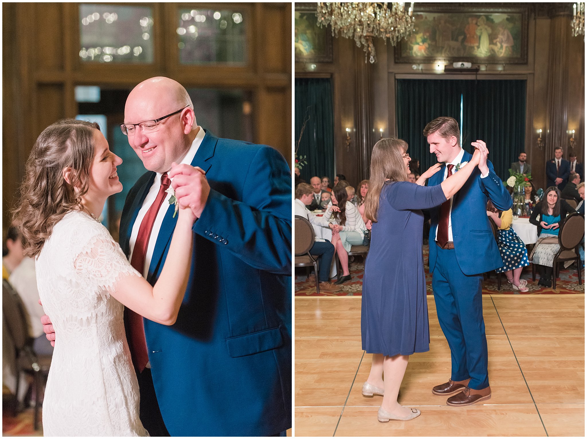 Parent dancing at the Empire Room at Joseph Smith Memorial Building | navy and burgundy colors | Bountiful Temple Wedding and Joseph Smith Memorial Reception | Jessie and Dallin Photography