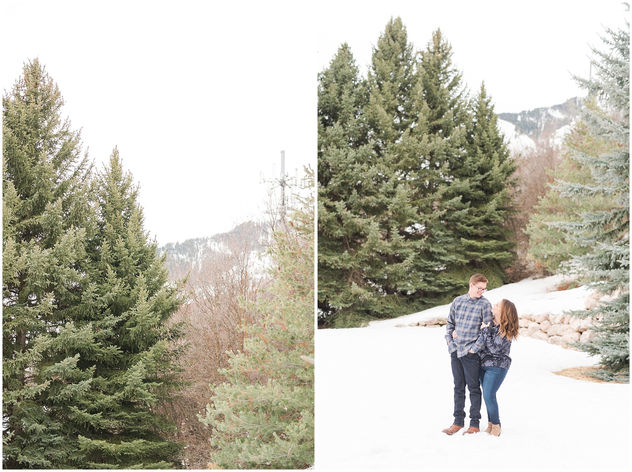 Couple in navy and grey casual outfits during winter mountain engagements | Trapper's Loop Winter Engagement | Jessie and Dallin Photography