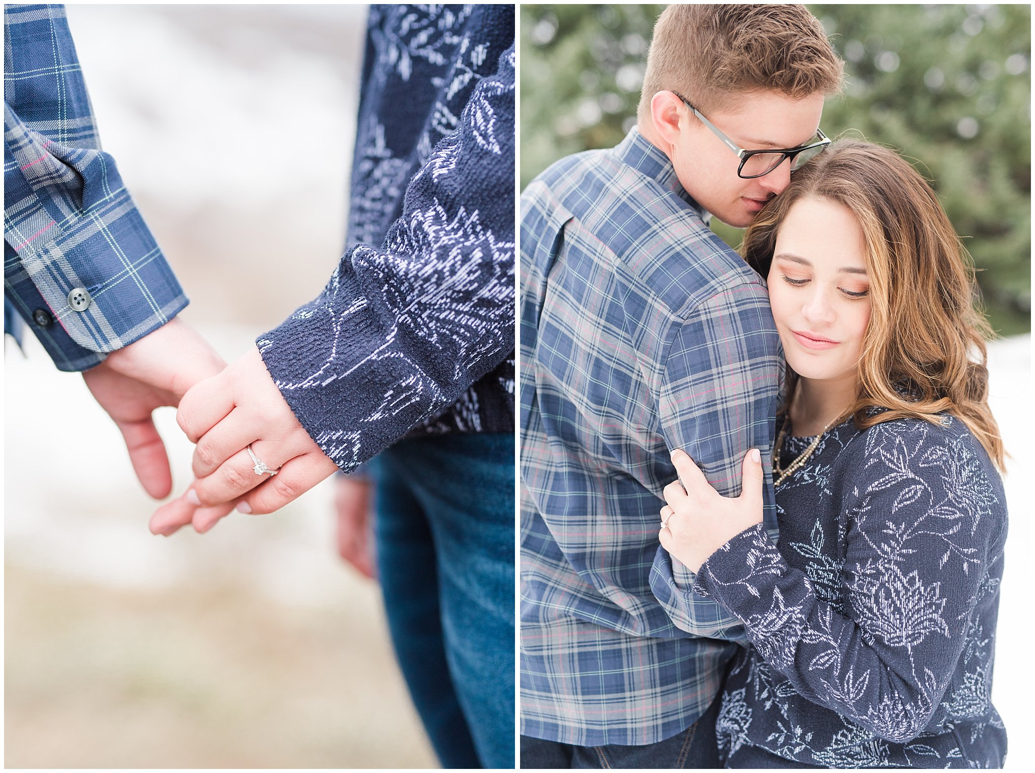 Couple in navy and grey casual outfits during winter mountain engagements | Trapper's Loop Winter Engagement | Jessie and Dallin Photography