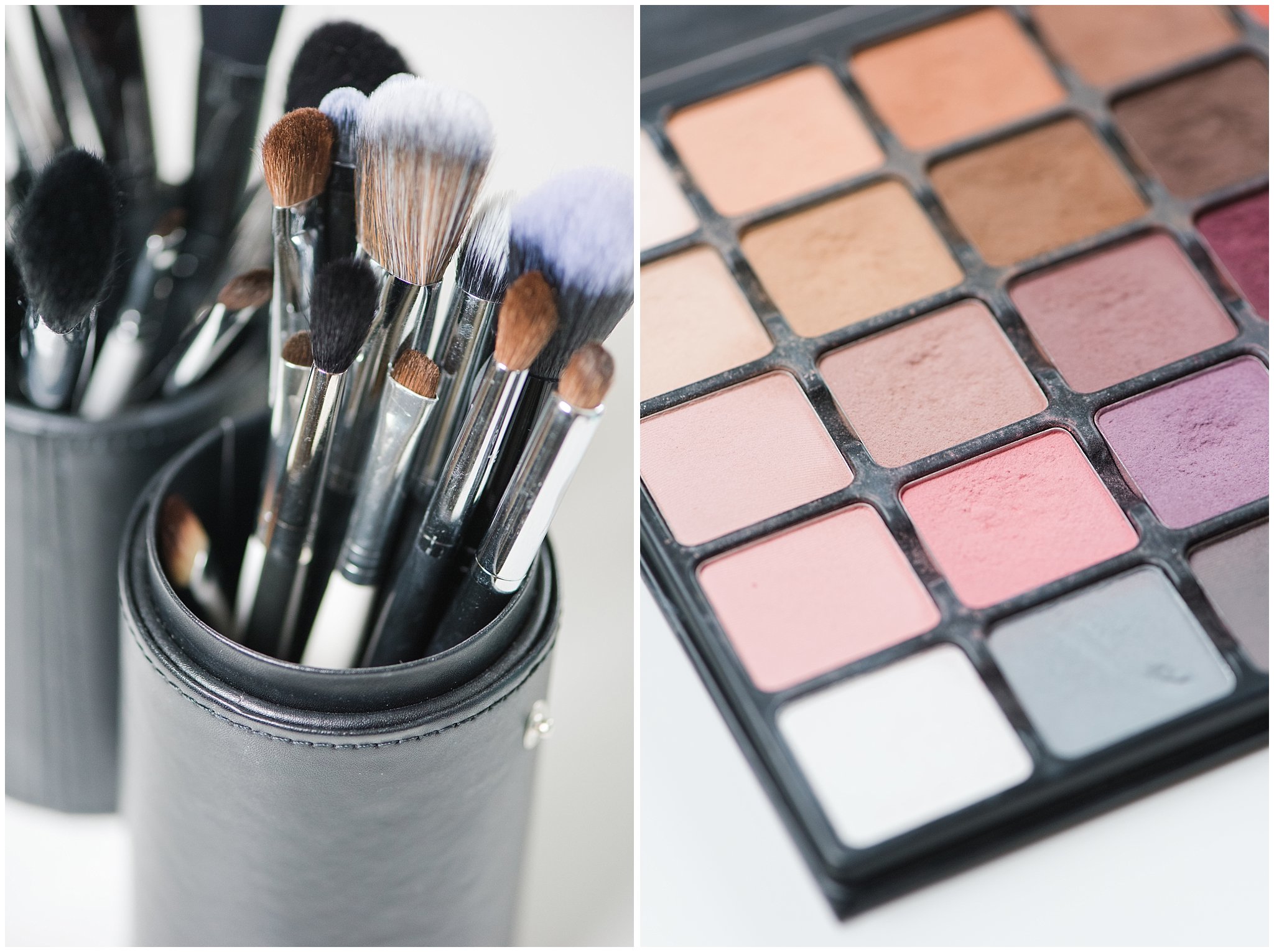 Makeup brushes and eyeshadow pallette | Utah Wedding Hair and Makeup Artist | Sarah Hicken | Jessie and Dallin Photography