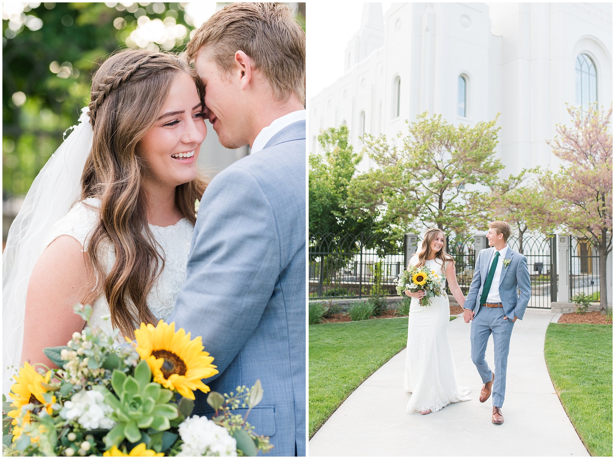 Bride with sunflower and succulent bouquet and groom in light blue suit at the Brigham City Temple | Brigham City Temple and Mantua Mountain Formal Session | Jessie and Dallin Photography