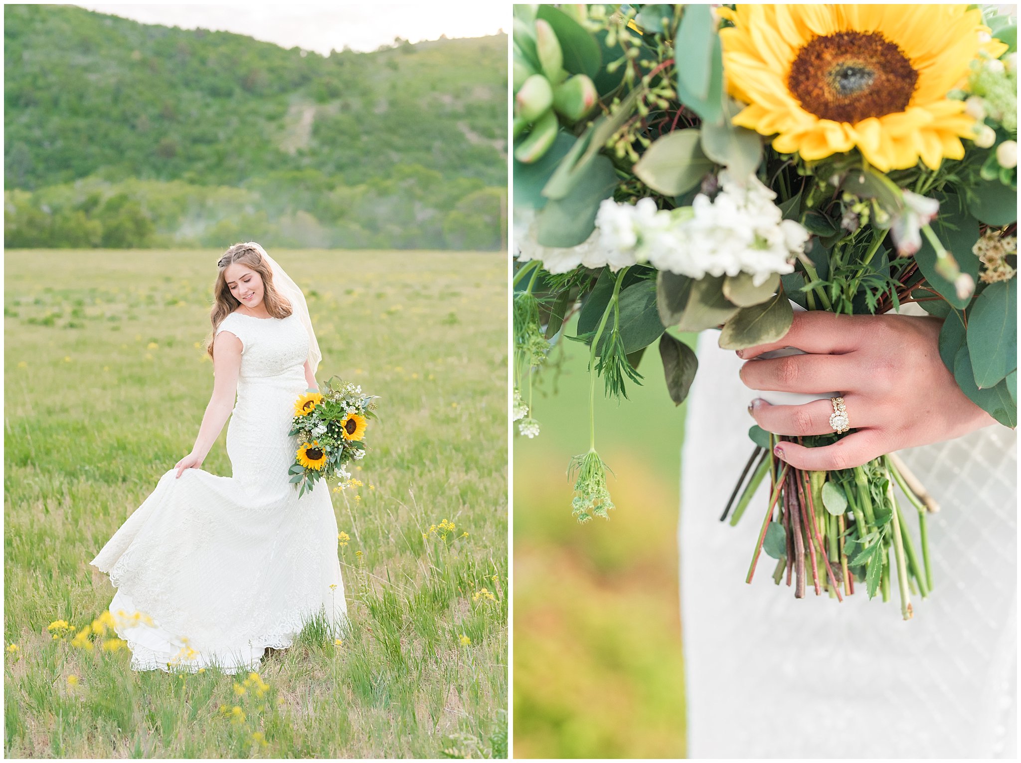 Bride with sunflower and succulent bouquet in a grassy field in the mountains | Brigham City Temple and Mantua Mountain Formal Session | Jessie and Dallin Photography