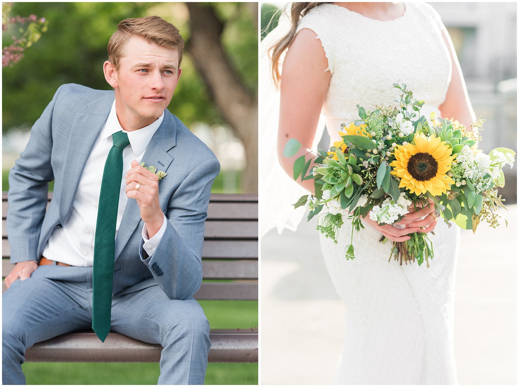 Bride with sunflower and succulent bouquet and groom in light blue suit at the Brigham City Temple | Brigham City Temple and Mantua Mountain Formal Session | Jessie and Dallin Photography
