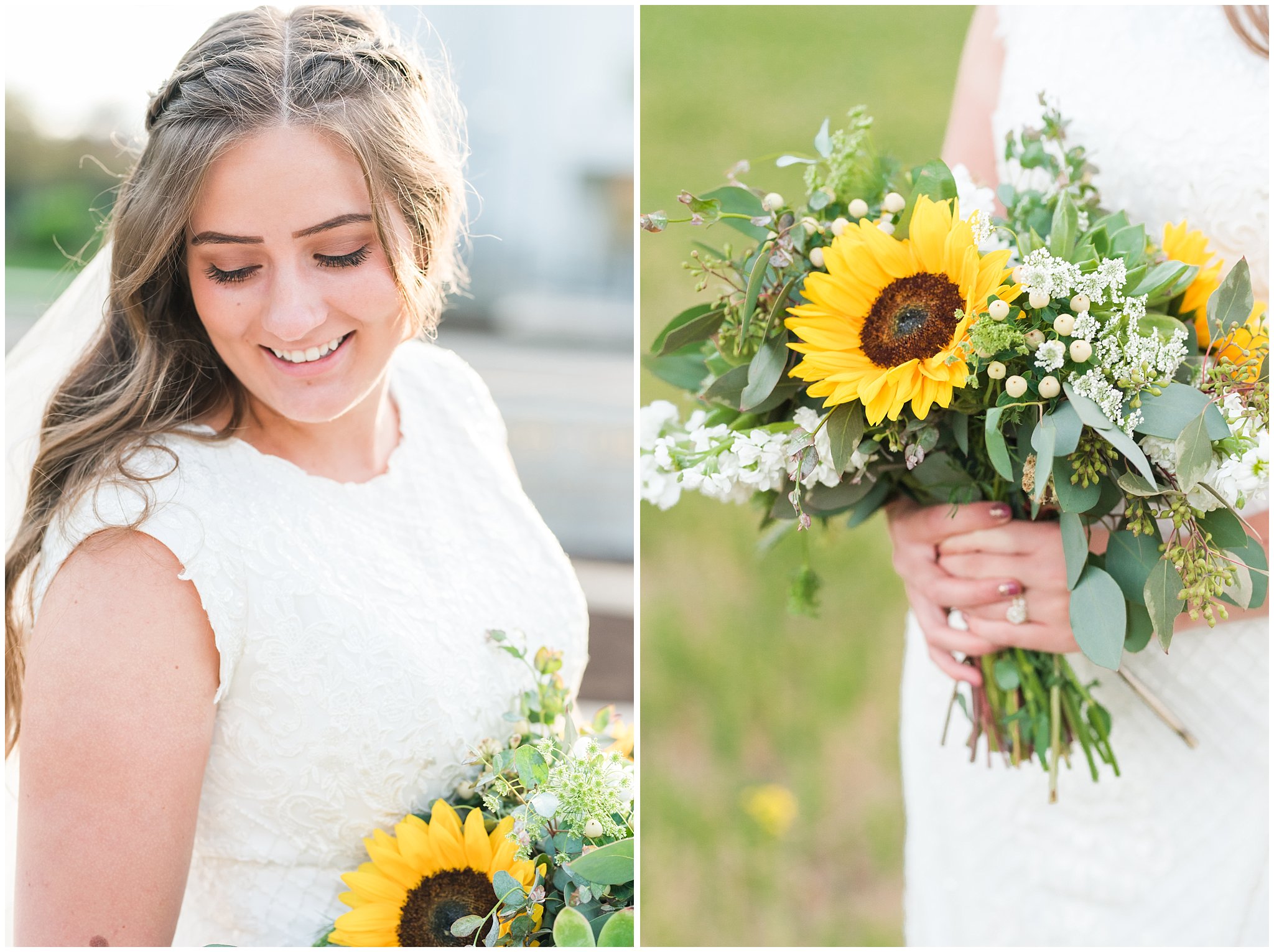 Bride with sunflower and succulent bouquet at the Brigham City Temple | Brigham City Temple and Mantua Mountain Formal Session | Jessie and Dallin Photography