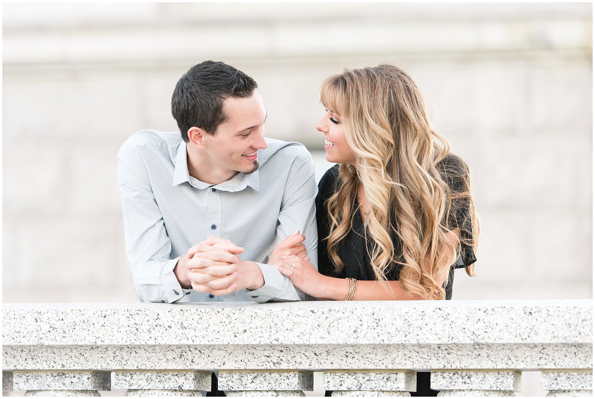 Couple in black dress and grey button up shirt at the Utah State Capitol | Utah State Capitol and Tunnel Springs Engagement Session | Jessie and Dallin Photography