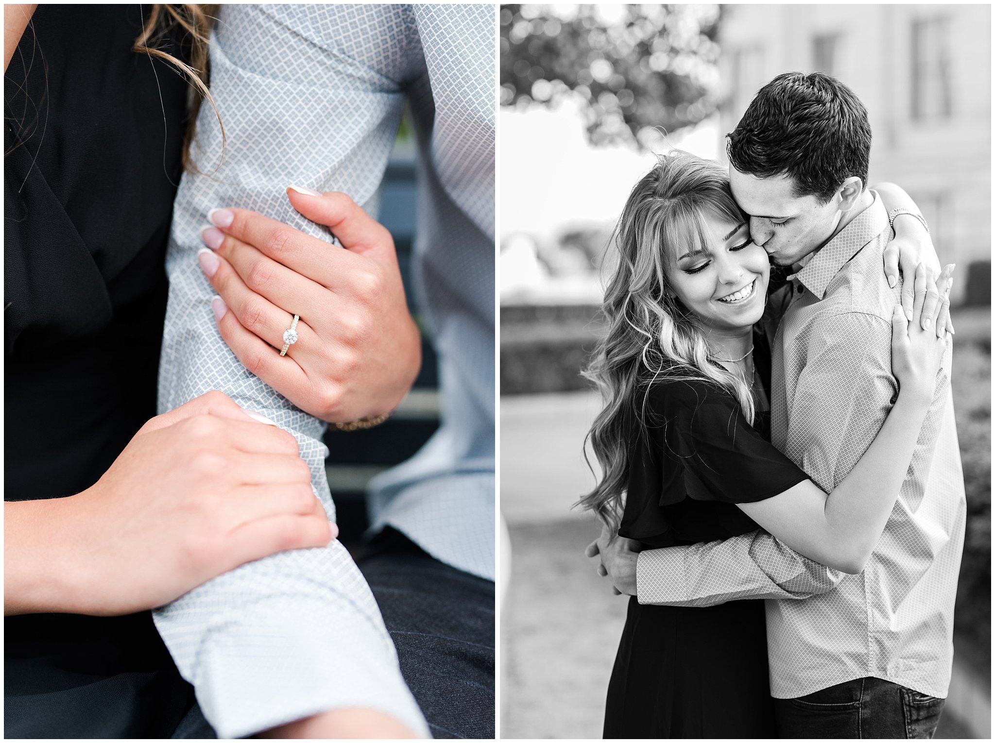 Couple in black dress and grey button up shirt at the Utah State Capitol | Utah State Capitol and Tunnel Springs Engagement Session | Jessie and Dallin Photography