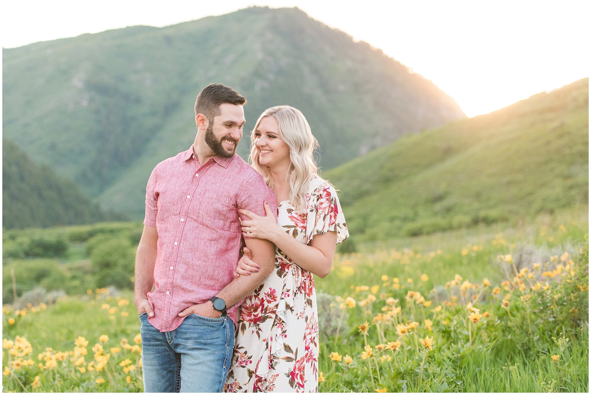 Couple in floral dress and pink shirt during Snowbasin Wildflower Engagement | Jessie and Dallin Photography