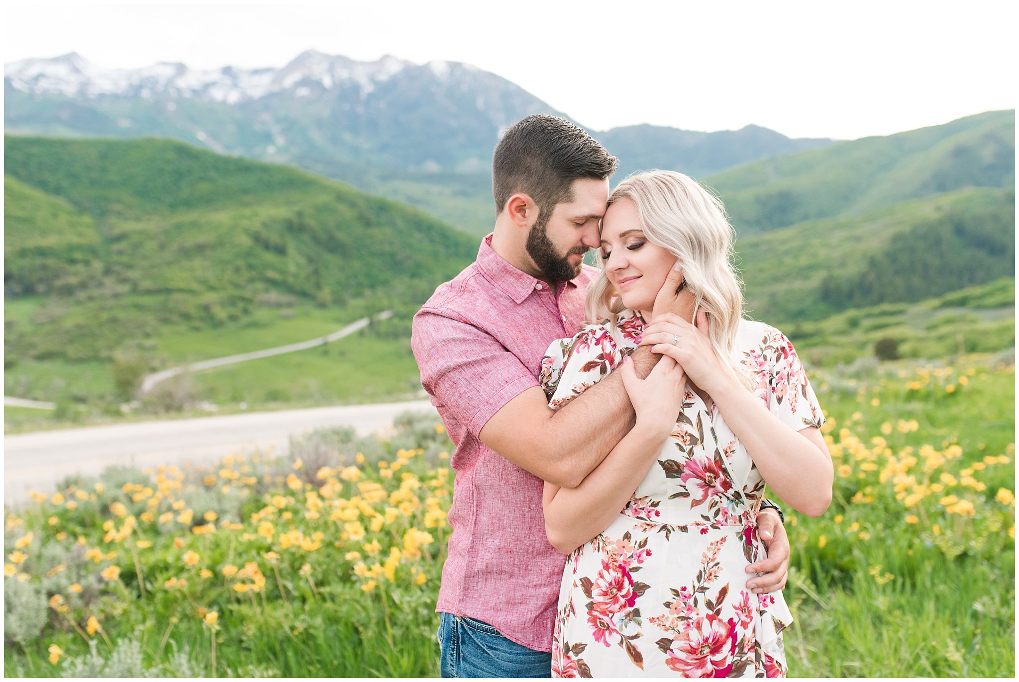 Couple in floral dress and pink shirt during Snowbasin Wildflower Engagement | Jessie and Dallin Photography