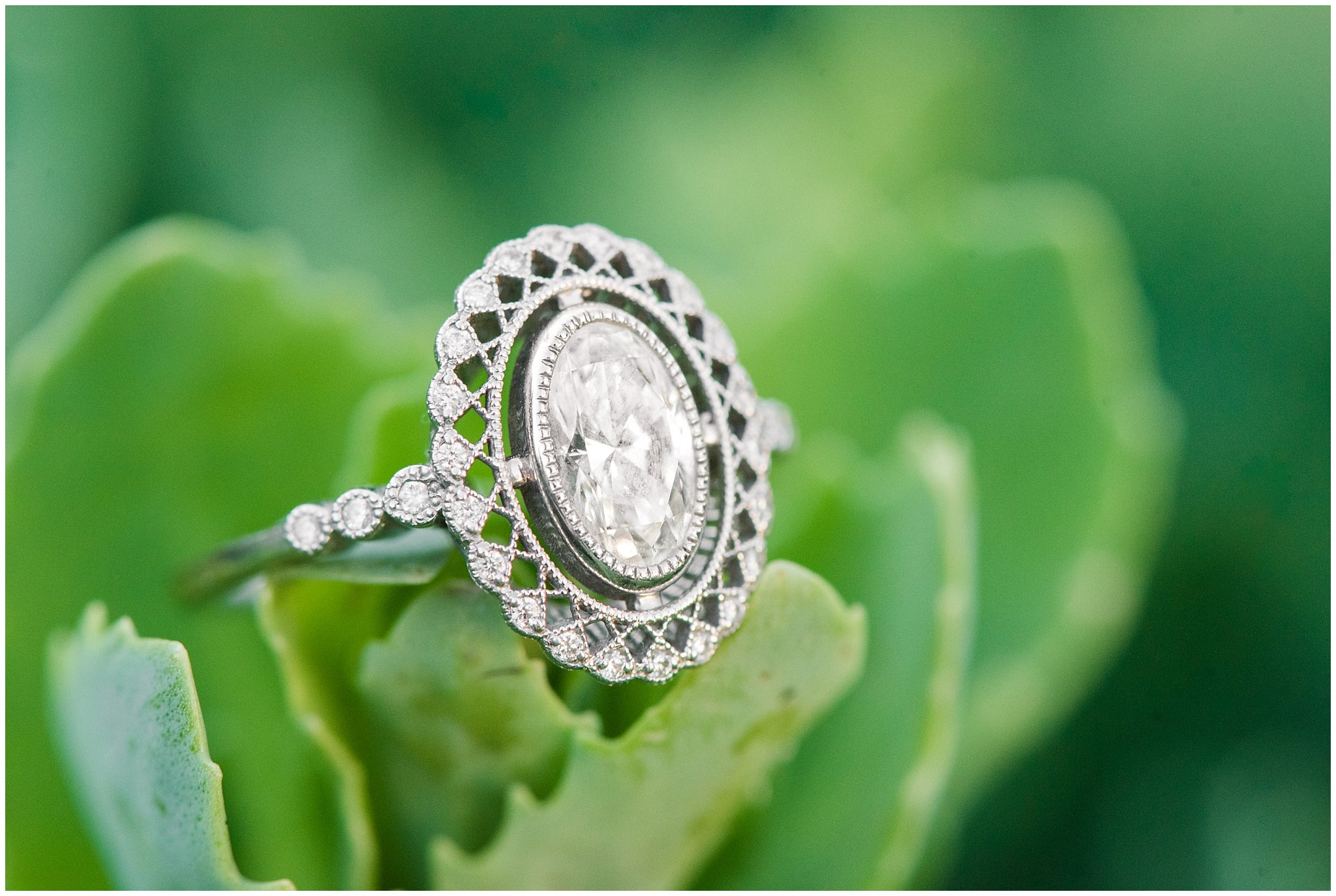 Classic vintage engagement ring on a garden plant | Summer USU Botanical Garden Engagement Session | Jessie and Dallin Photography