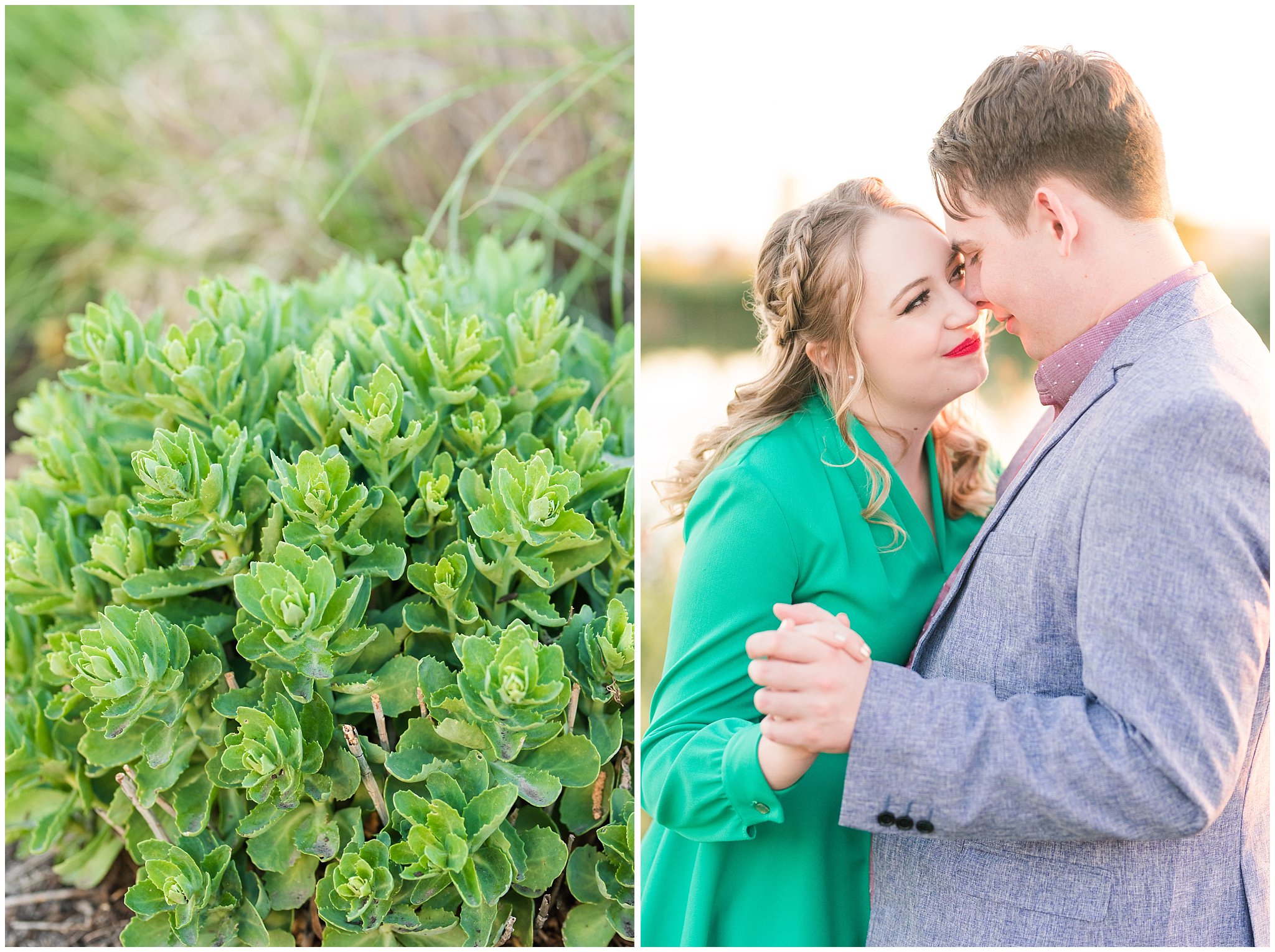 Couple in a garden for their engagement session with a vintage 1950s dress | Summer USU Botanical Garden Engagement Session | Jessie and Dallin Photography