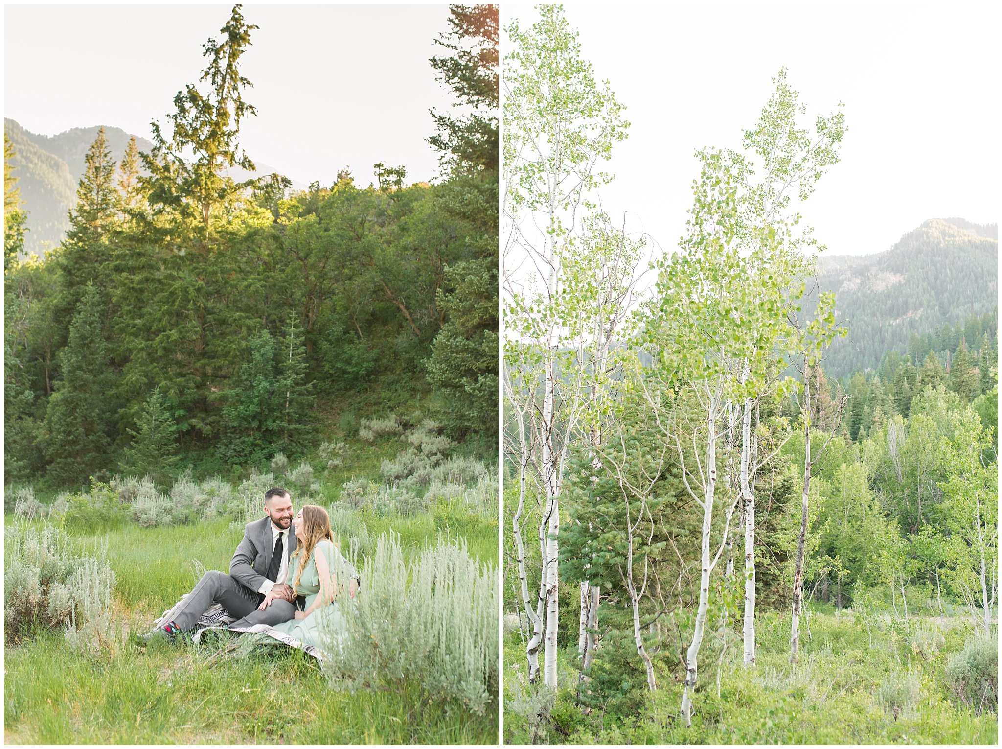 Couple in sage green dress and grey suit in the mountains | Tibble Fork Summer Engagement Session | Jessie and Dallin Photography