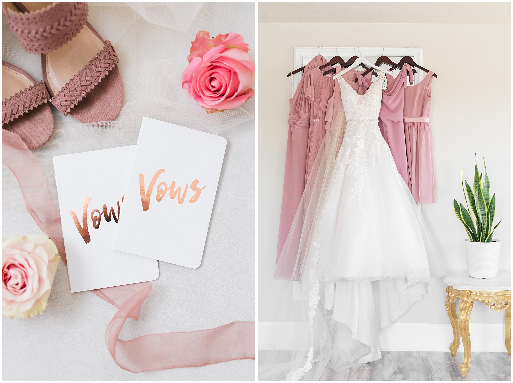 Dusty Rose bridesmaid dresses hanging with wedding dress and rose gold vow books | Oak Hills Utah Dusty Rose and Gray Summer Wedding | Jessie and Dallin Photography