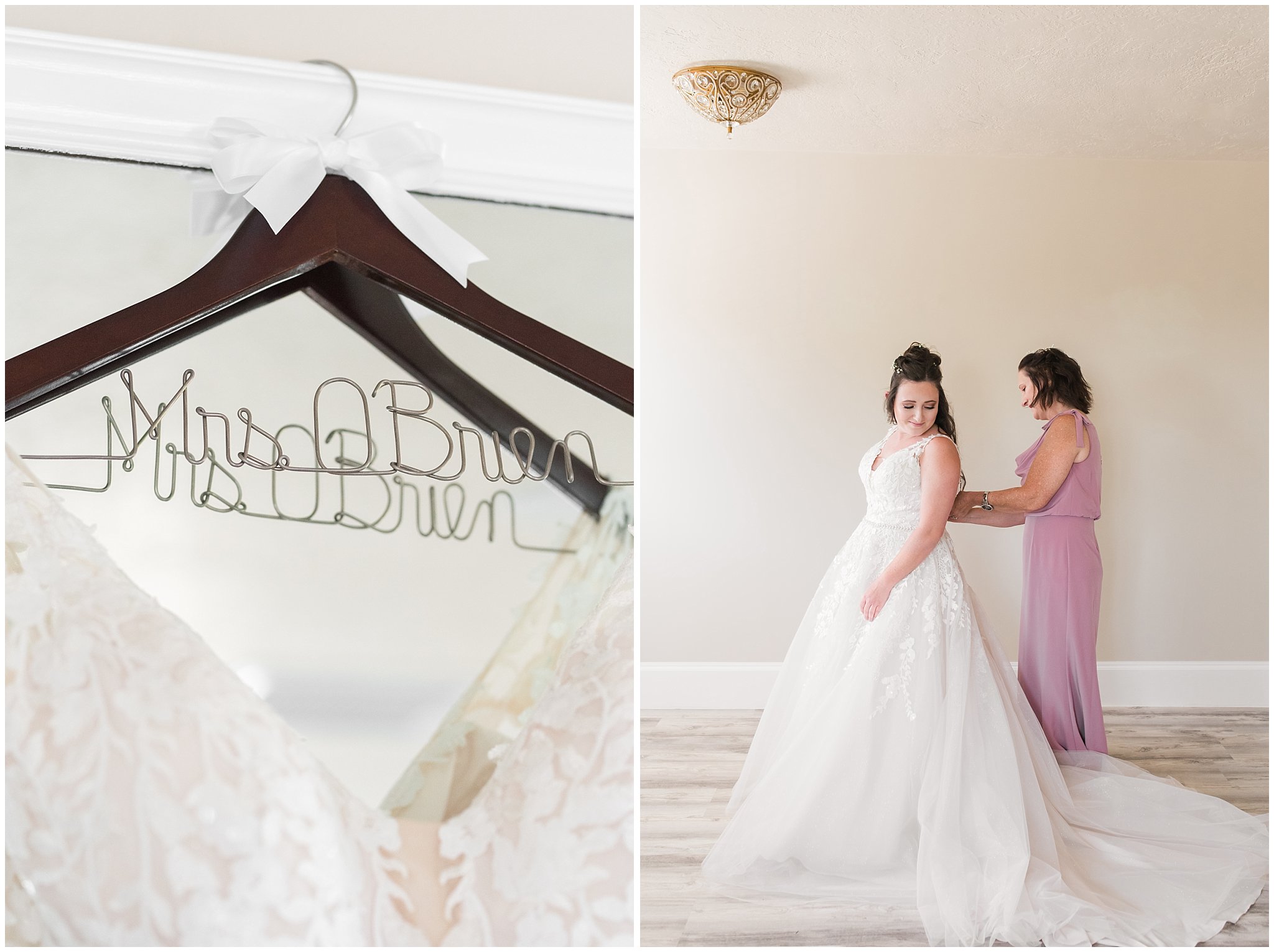 Mom doing up the back of bride's dress | Oak Hills Utah Dusty Rose and Gray Summer Wedding | Jessie and Dallin Photography