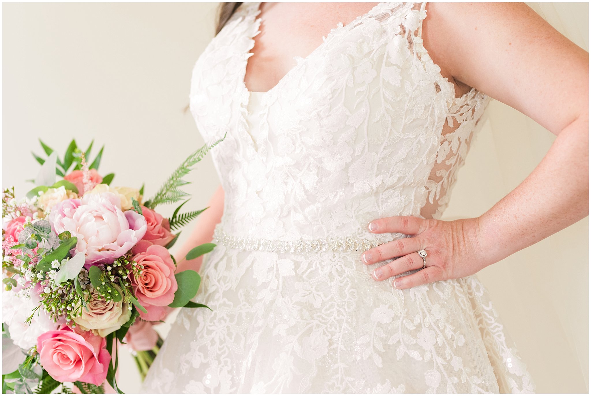 Wedding dress details | Oak Hills Utah Dusty Rose and Gray Summer Wedding | Jessie and Dallin Photography