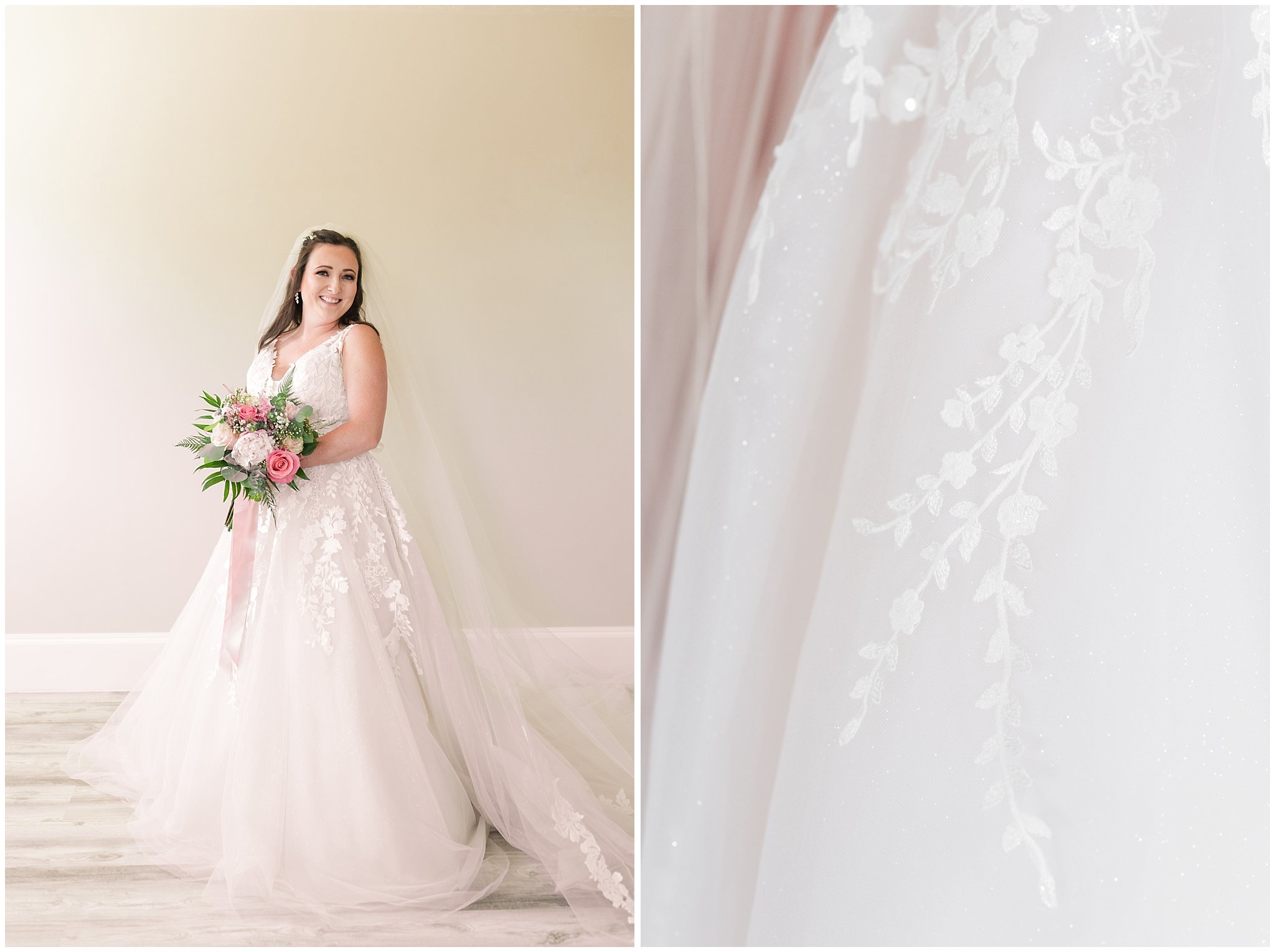 Bride in champagne wedding dress with pink, green, and white floral bouquet | Oak Hills Utah Dusty Rose and Gray Summer Wedding | Jessie and Dallin Photography
