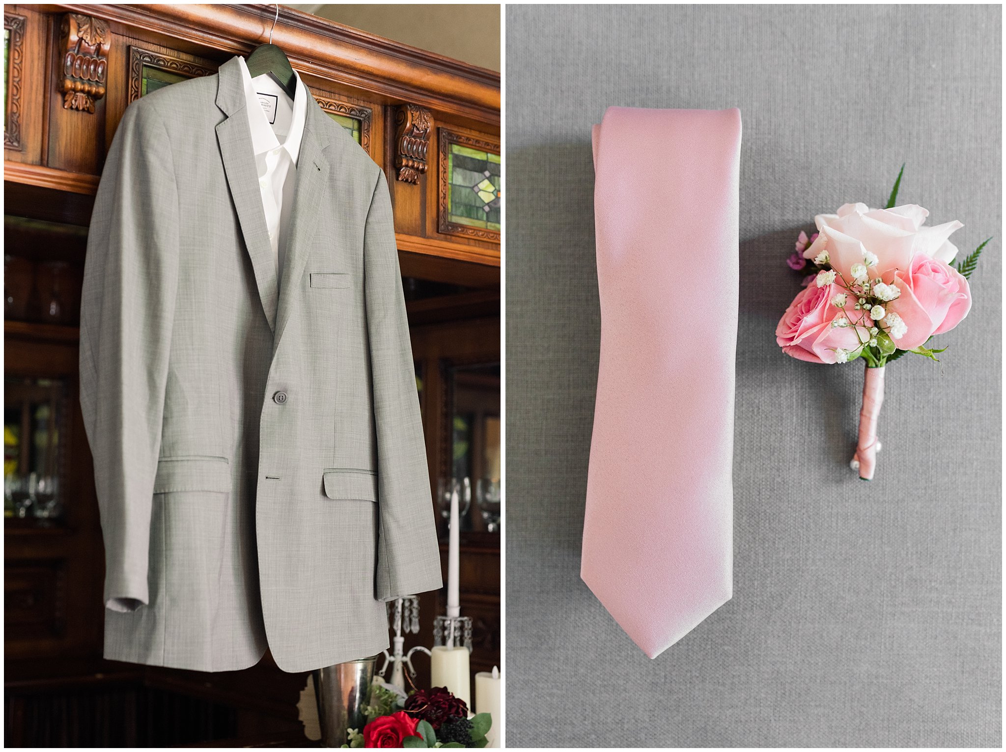 Grey suit hanging on vintage bar, blush tie and boutonniere | Oak Hills Utah Dusty Rose and Gray Summer Wedding | Jessie and Dallin Photography