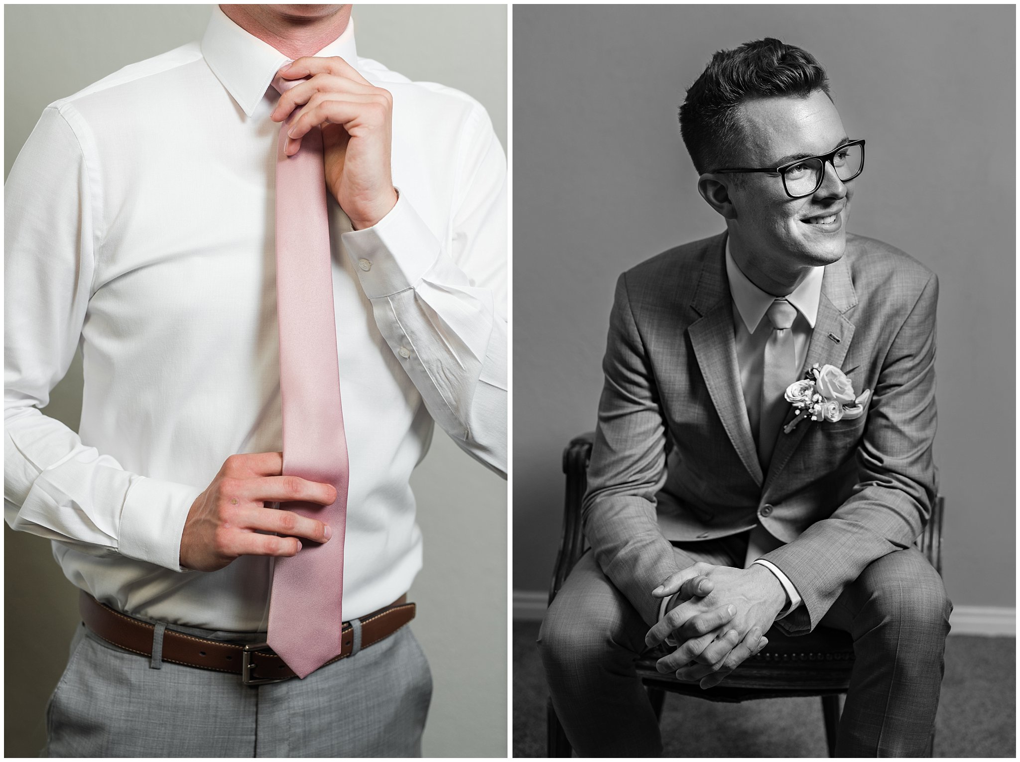 Groom in gray suit and blush tie portrait | Oak Hills Utah Dusty Rose and Gray Summer Wedding | Jessie and Dallin Photography