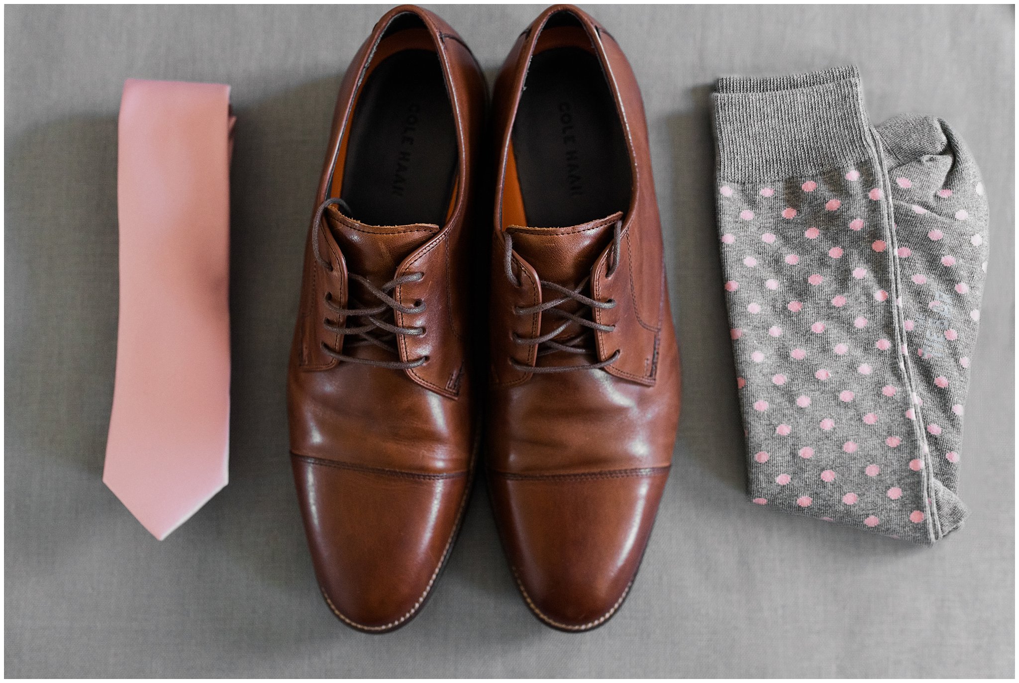 Groom details with brown leather Cole Haan shoes, blush tie and grey suit | Oak Hills Utah Dusty Rose and Gray Summer Wedding | Jessie and Dallin Photography