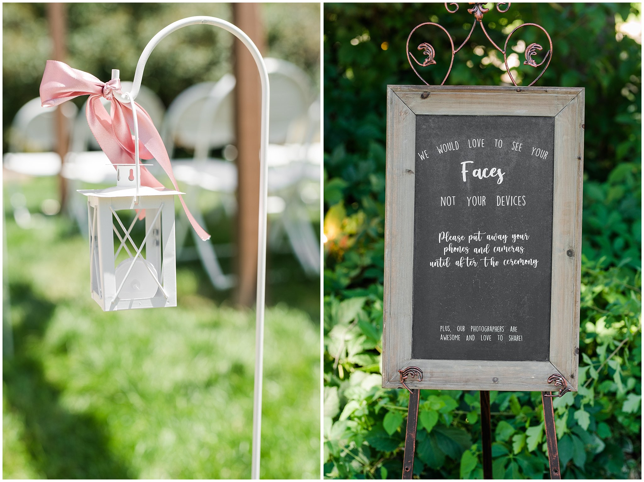 Ceremony site details and unplugged wedding sign | Oak Hills Utah Dusty Rose and Gray Summer Wedding | Jessie and Dallin Photography