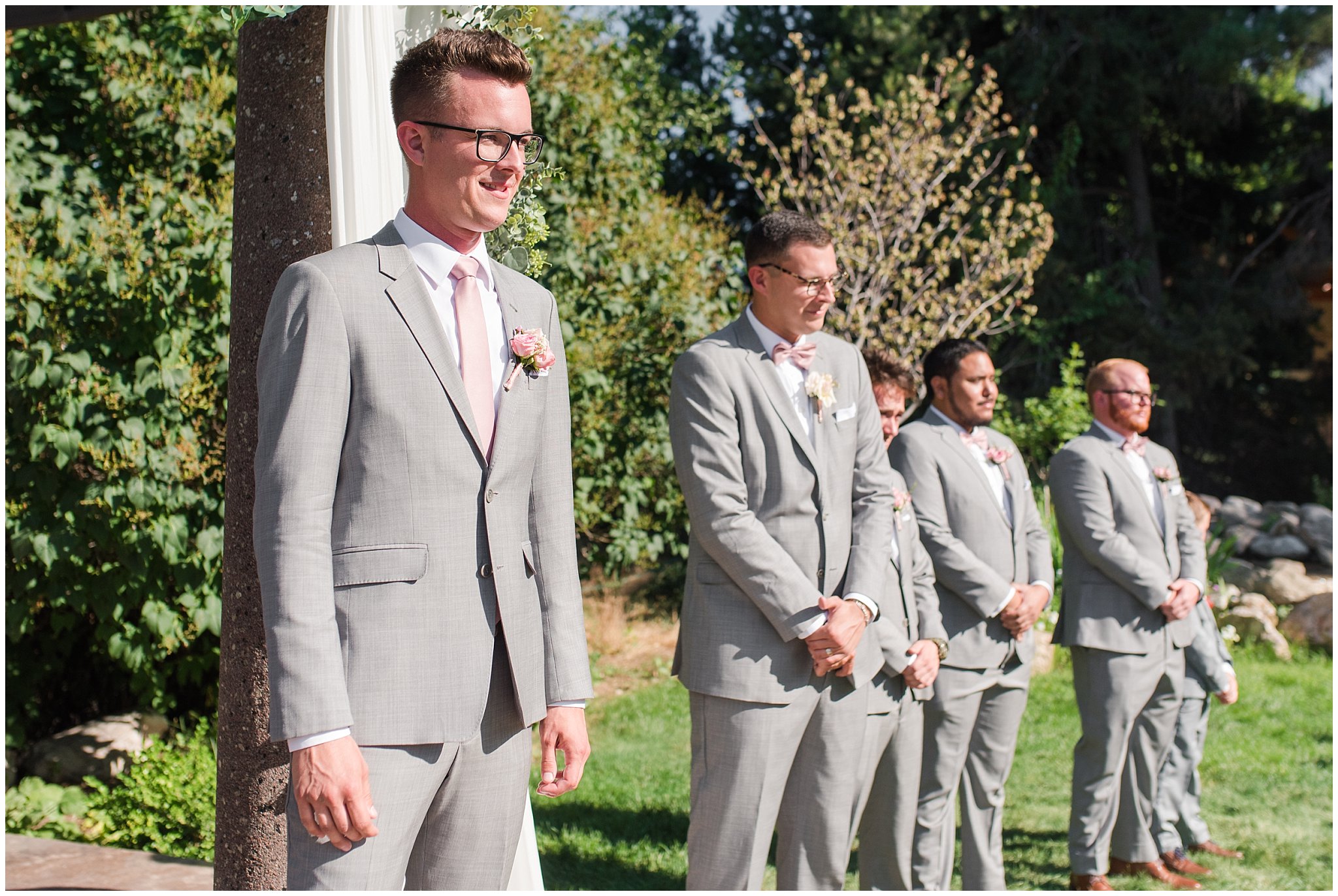 Groom sees bride for the first time | Oak Hills Utah Dusty Rose and Gray Summer Wedding | Jessie and Dallin Photography