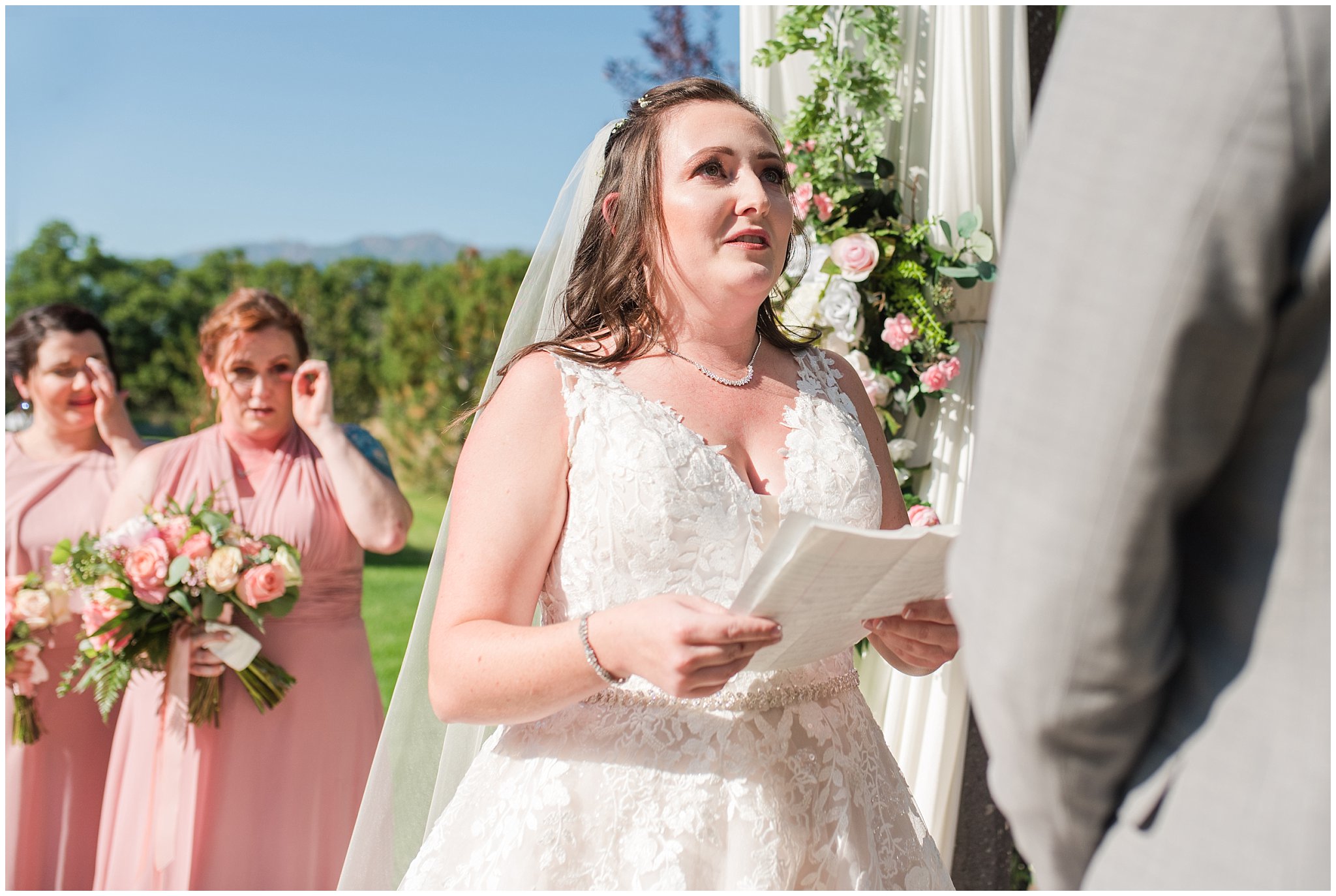 Bride reacts to vows at ceremony | Oak Hills Utah Dusty Rose and Gray Summer Wedding | Jessie and Dallin Photography