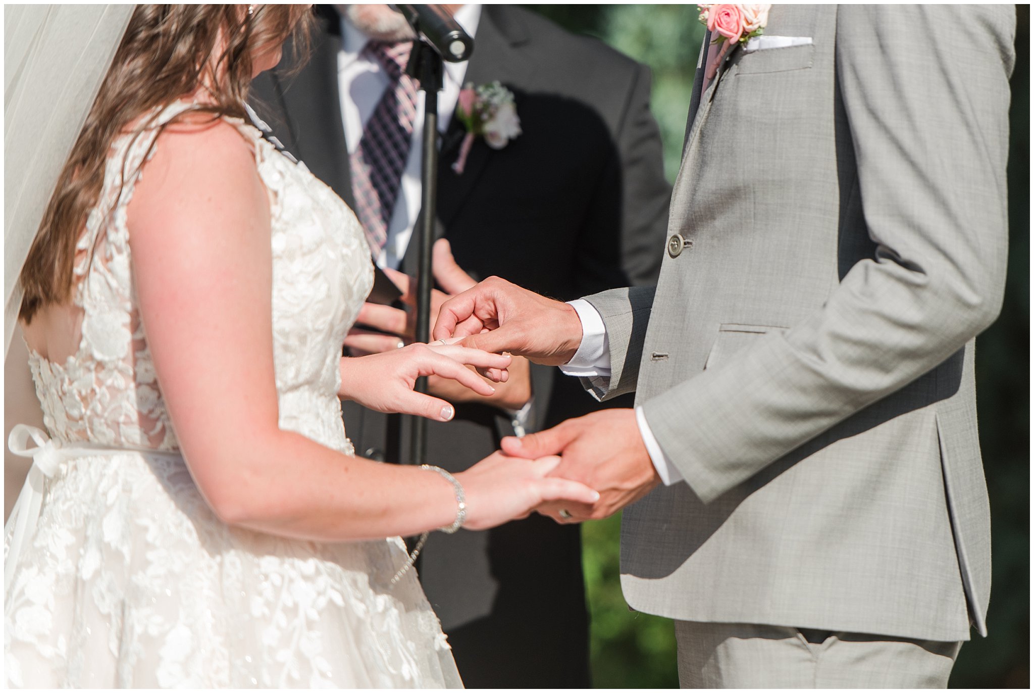 Exchanging rings | Oak Hills Utah Dusty Rose and Gray Summer Wedding | Jessie and Dallin Photography