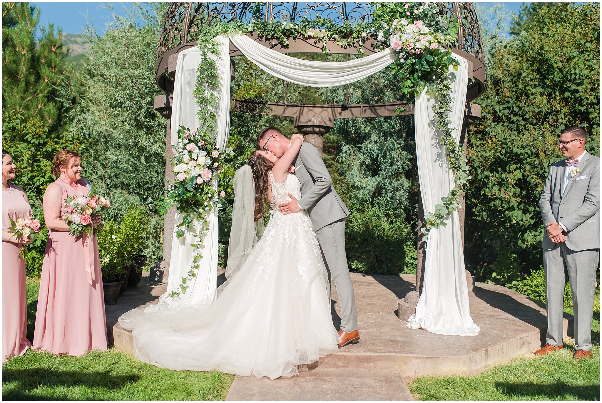 First kiss at ceremony | Oak Hills Utah Dusty Rose and Gray Summer Wedding | Jessie and Dallin Photography