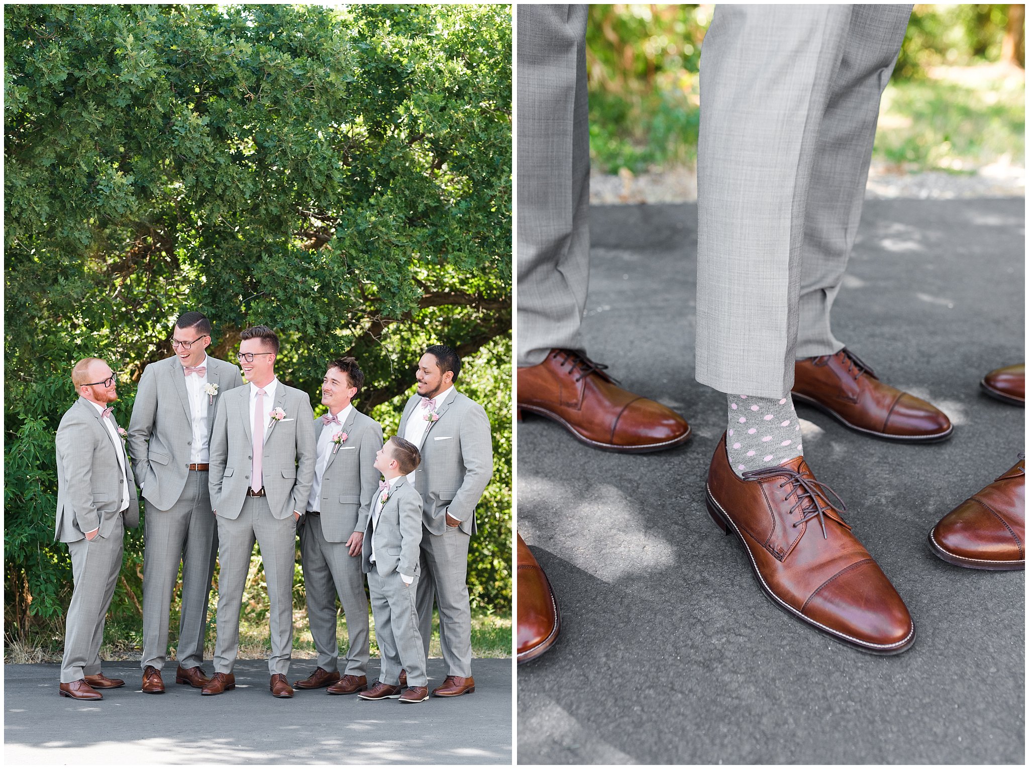 Groomsmen in gray suits and gray socks with pink polka dots | Oak Hills Utah Dusty Rose and Gray Summer Wedding | Jessie and Dallin Photography