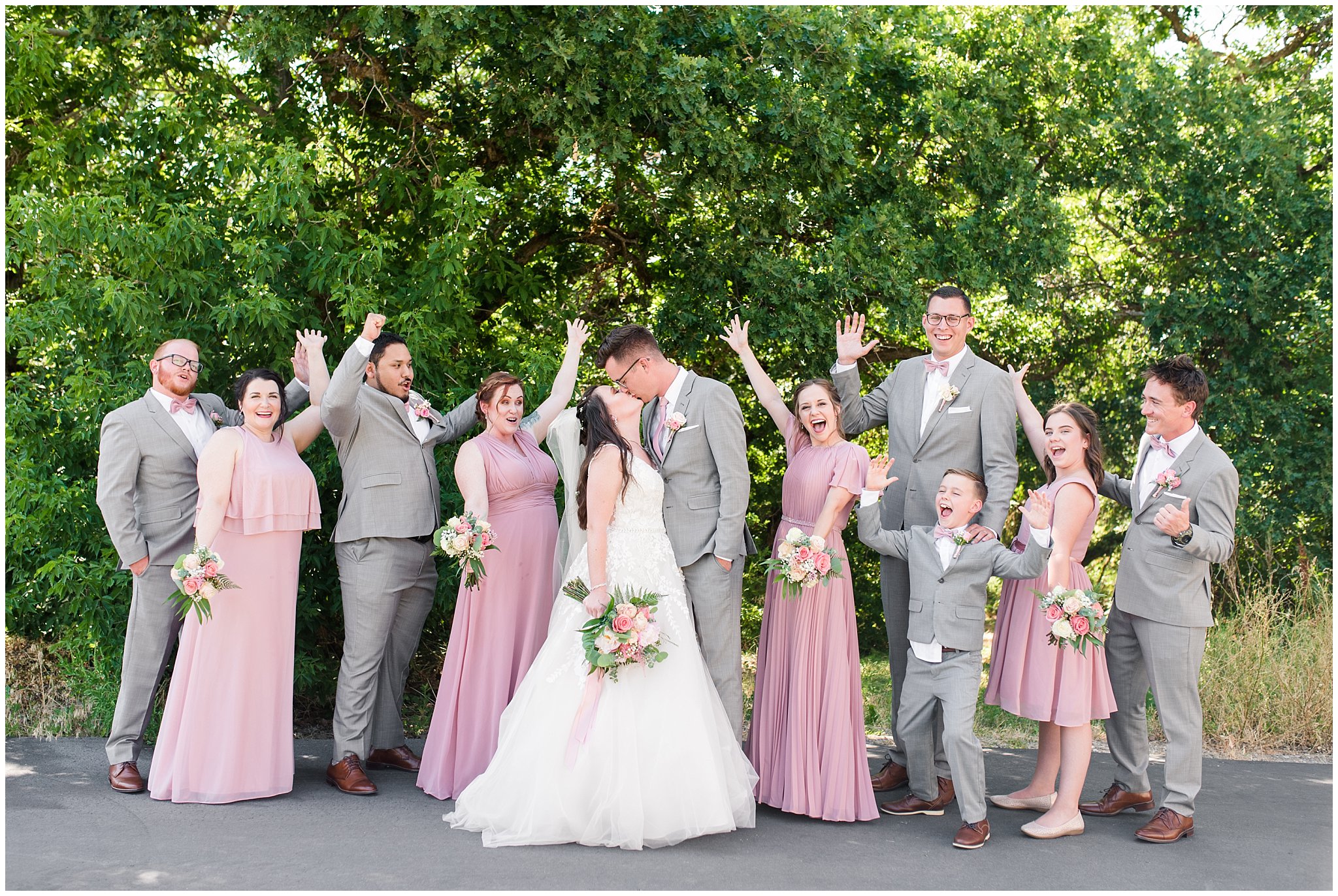 Wedding party in gray suits and dusty rose blush dresses | Oak Hills Utah Dusty Rose and Gray Summer Wedding | Jessie and Dallin Photography