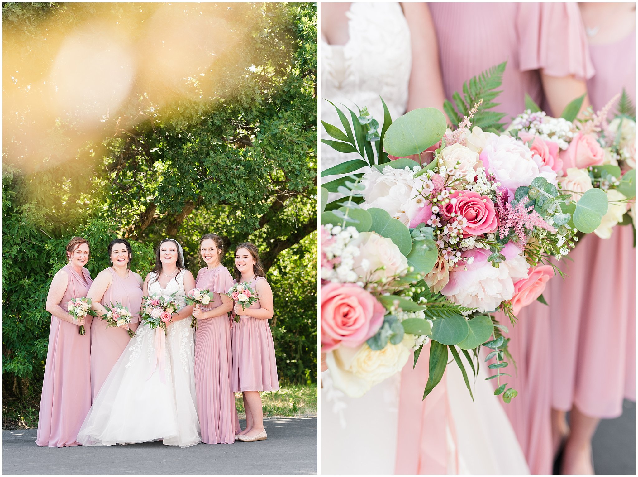 Bride and bridesmaids in blush dusty rose dresses with green white and blush florals | Oak Hills Utah Dusty Rose and Gray Summer Wedding | Jessie and Dallin Photography