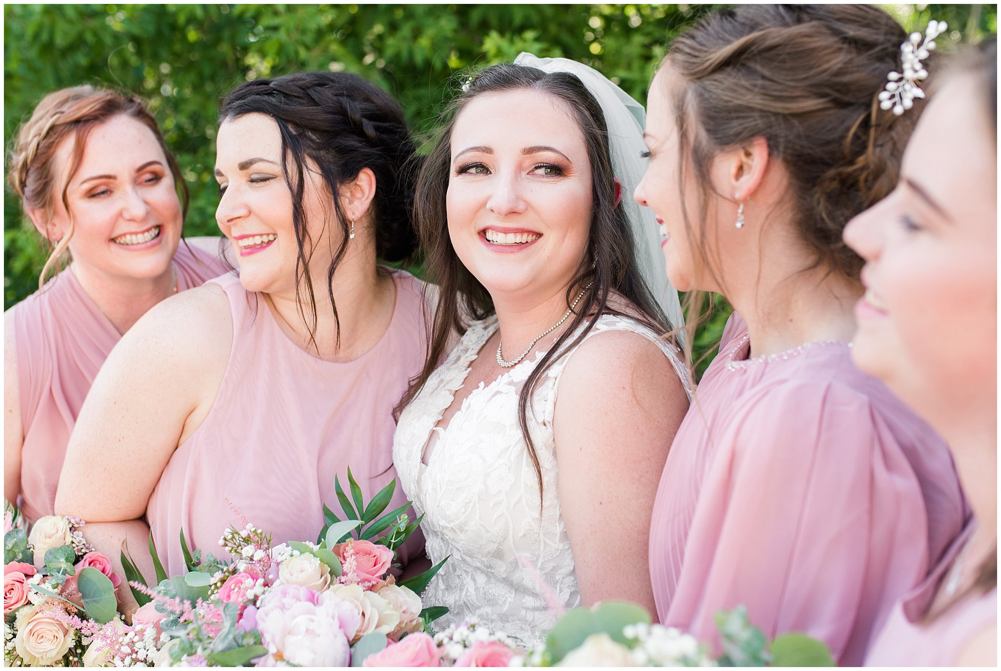 Bride and bridesmaids in blush dusty rose dresses with green white and blush florals | Oak Hills Utah Dusty Rose and Gray Summer Wedding | Jessie and Dallin Photography