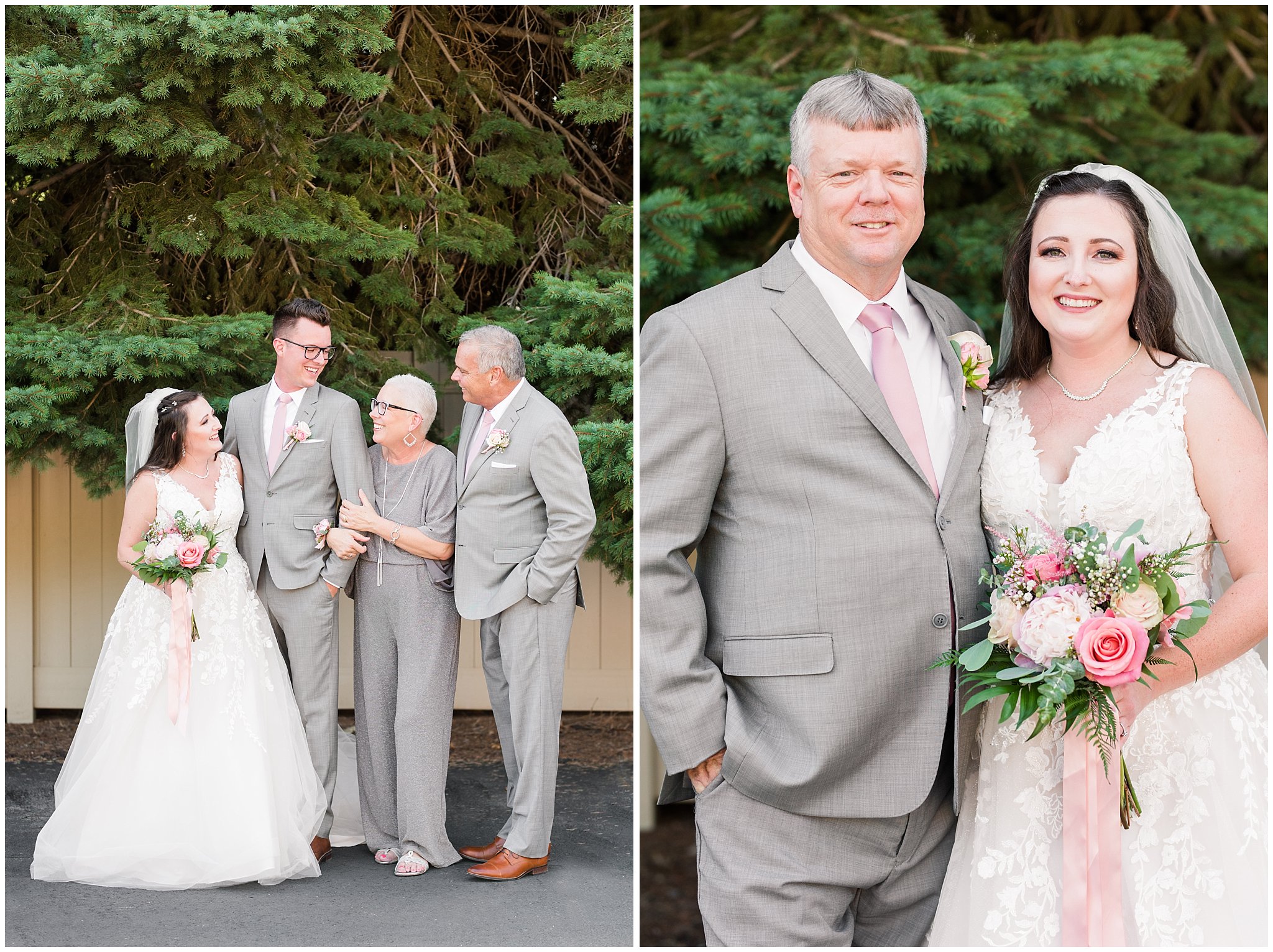 Bride and groom with parents | Oak Hills Utah Dusty Rose and Gray Summer Wedding | Jessie and Dallin Photography