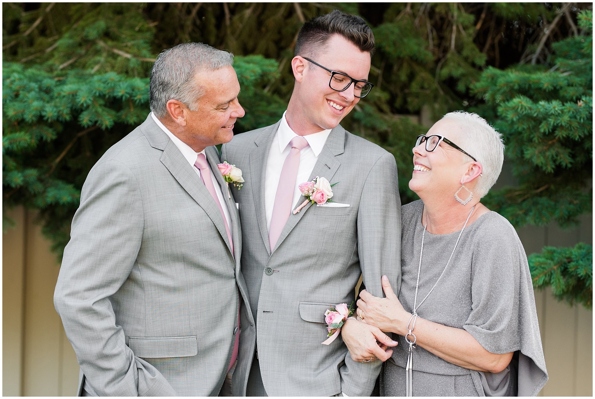 Groom and parents laughing | Oak Hills Utah Dusty Rose and Gray Summer Wedding | Jessie and Dallin Photography