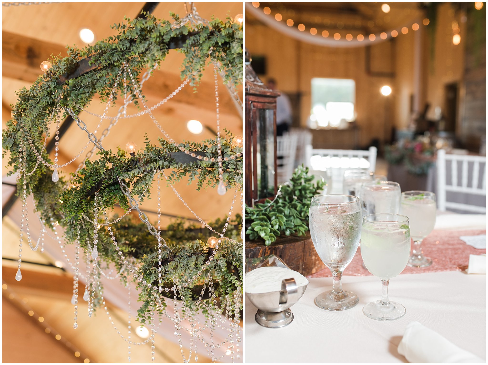 Reception and dinner decorations in barn | Oak Hills Utah Dusty Rose and Gray Summer Wedding | Jessie and Dallin Photography
