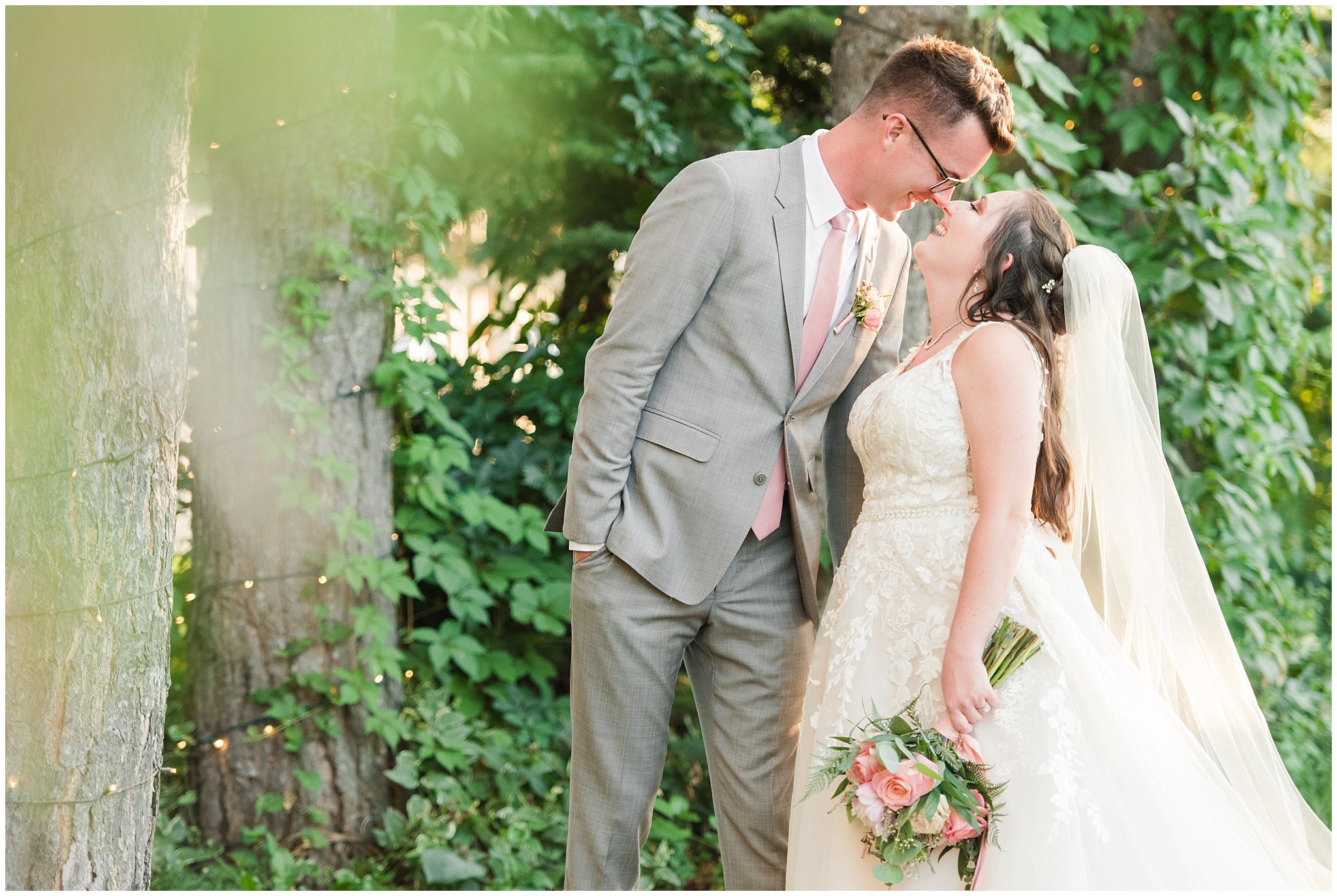Bride and groom portraits in vines and lodge pole pines | Oak Hills Utah Dusty Rose and Gray Summer Wedding | Jessie and Dallin Photography