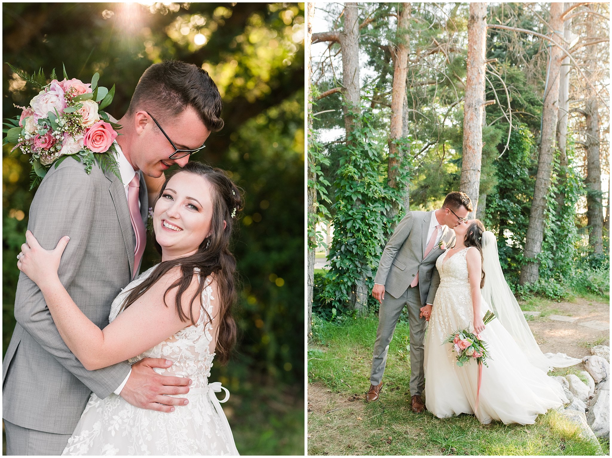 Bride and groom portraits in vines and lodge pole pines | Oak Hills Utah Dusty Rose and Gray Summer Wedding | Jessie and Dallin Photography