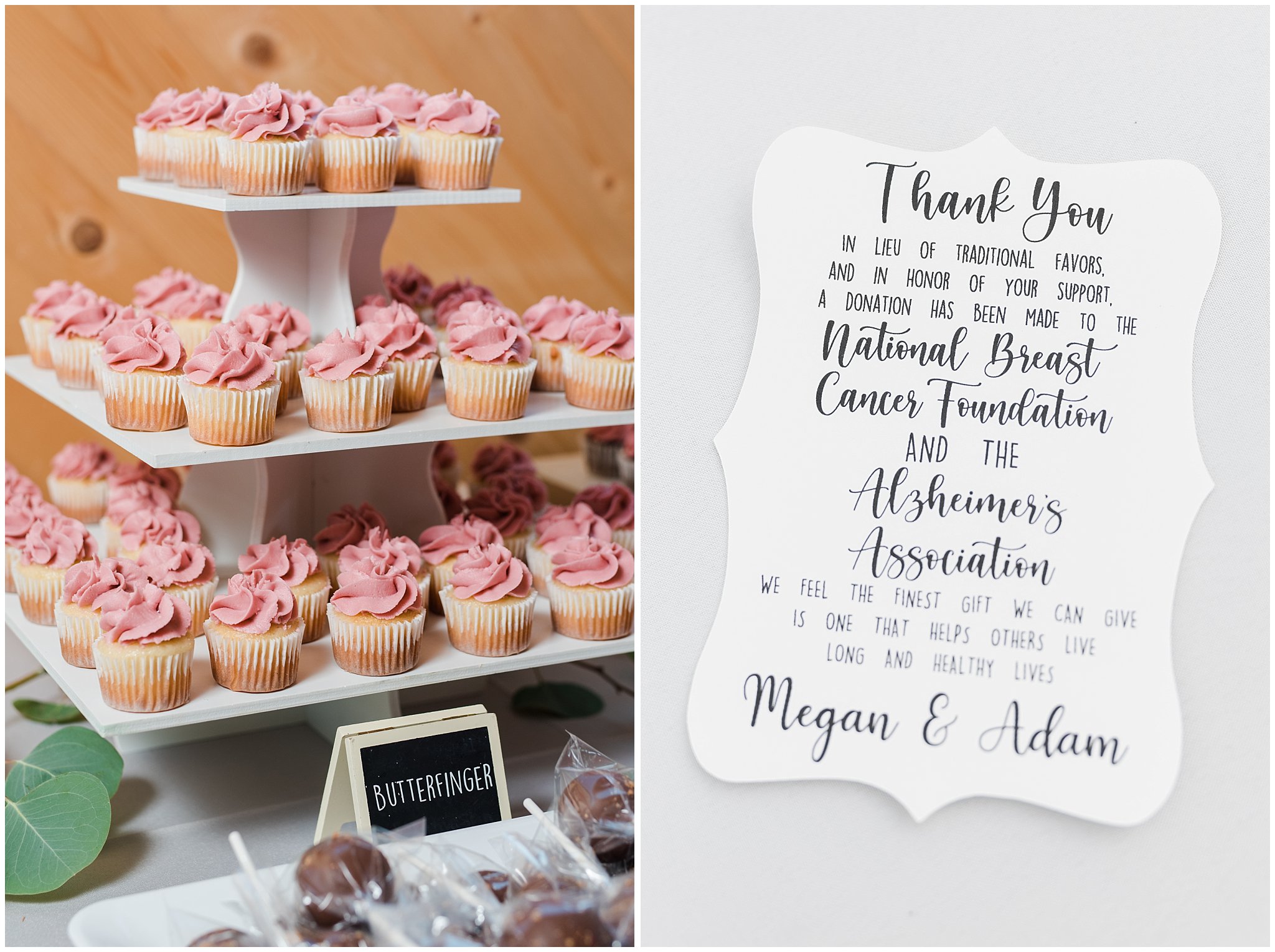 Cupcakes and donation to cancer society table sign | Oak Hills Utah Dusty Rose and Gray Summer Wedding | Jessie and Dallin Photography