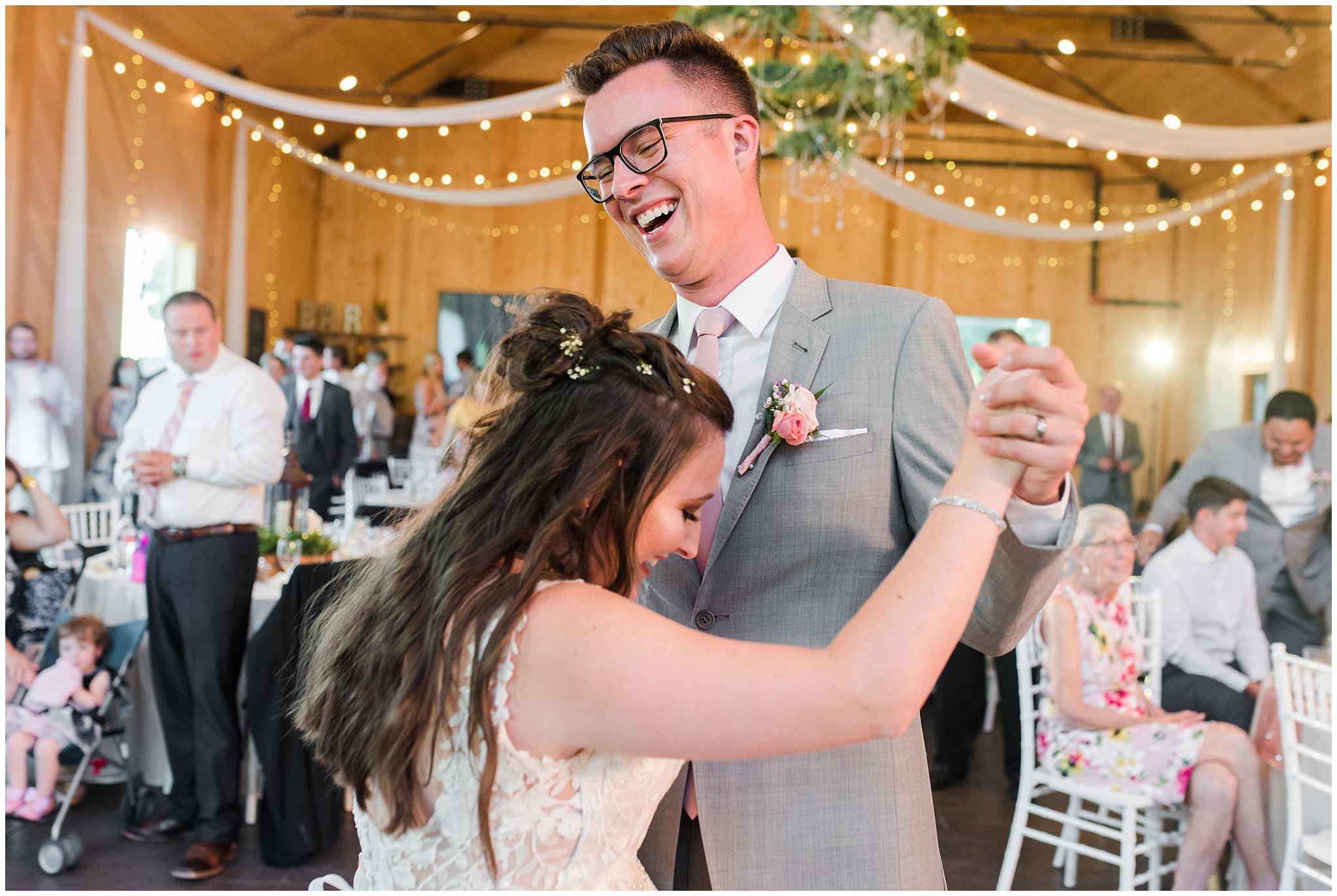First dance in barn | Oak Hills Utah Dusty Rose and Gray Summer Wedding | Jessie and Dallin Photography