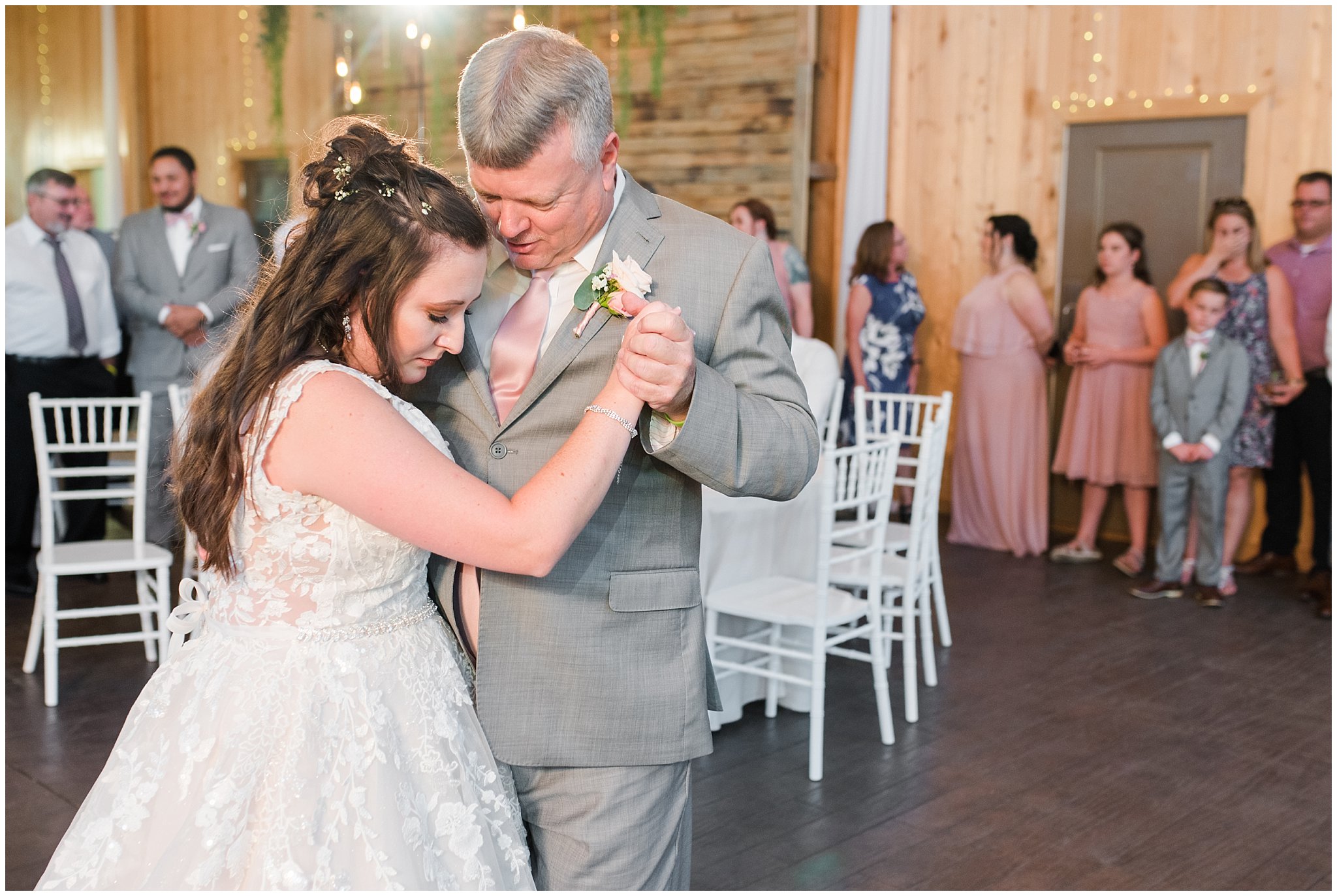 Father daughter dance in barn | Oak Hills Utah Dusty Rose and Gray Summer Wedding | Jessie and Dallin Photography