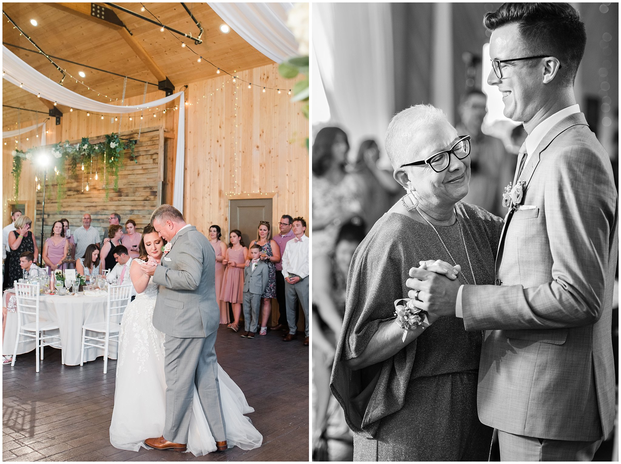 Father daughter and mother son dance in barn | Oak Hills Utah Dusty Rose and Gray Summer Wedding | Jessie and Dallin Photography